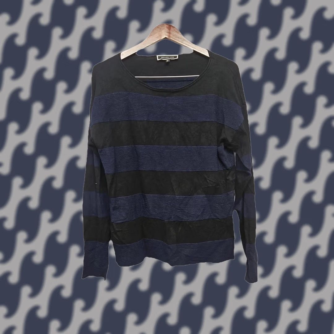 Vintage Melanie Lyne Knit Pullover Sweater XL Black Blue Striped Long Sleeve Lightweight Crew Neck Women Size XL / US 12-14 / IT 48-50 - 1 Thumbnail