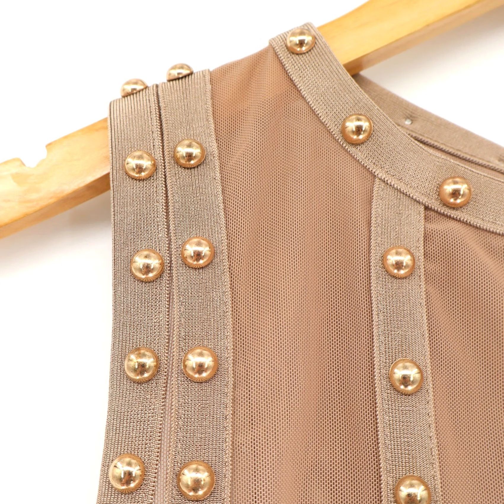 Vintage WOW Couture Bodycon Dress Beige Gold Studs Bandage Cocktail Party Sand L NWT Women Size L / US 10 / IT 46 - 3 Thumbnail