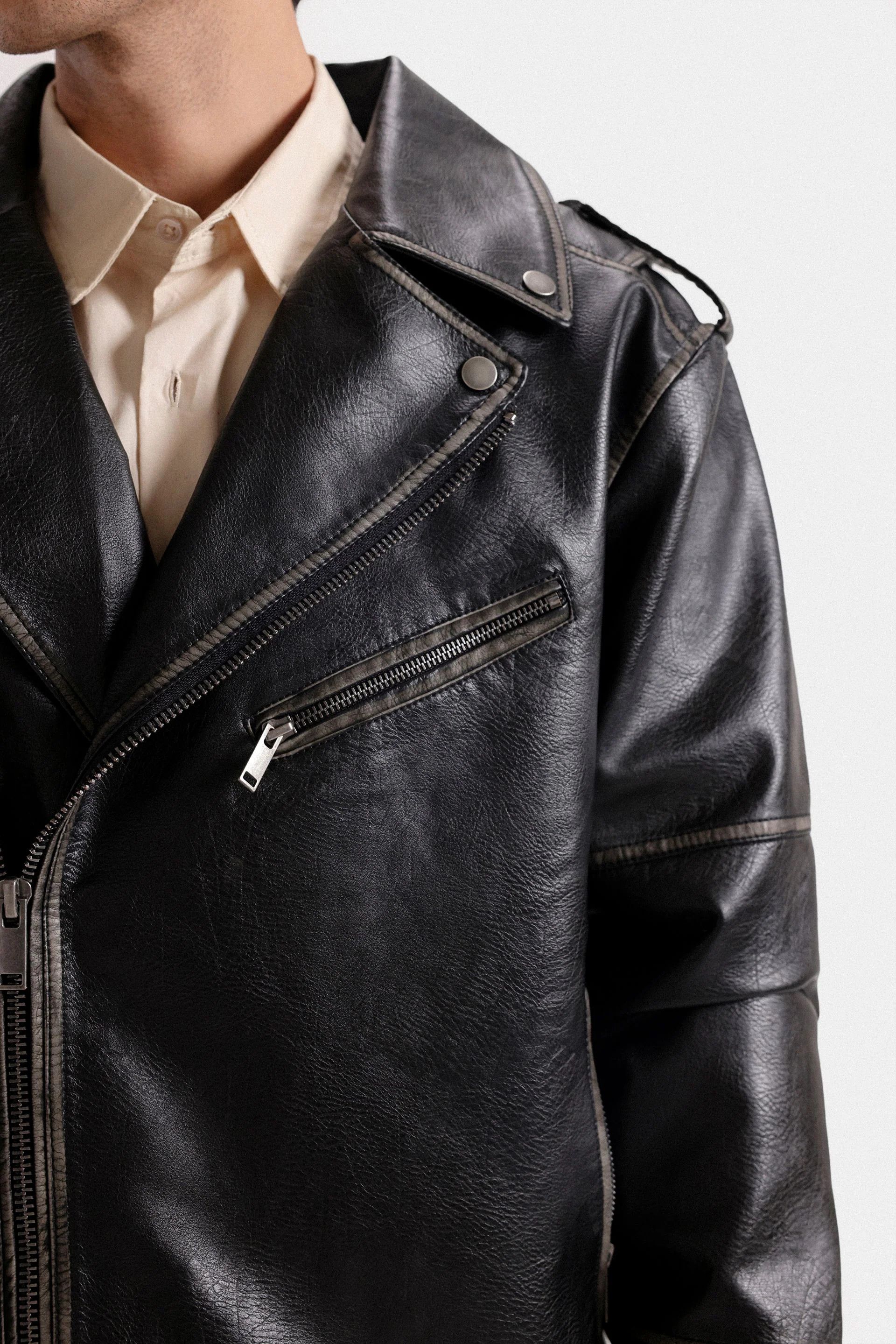 Other Men’s Black Faux Leather Biker Jacket Zip Up Size US XL / EU 56 / 4 - 4 Thumbnail