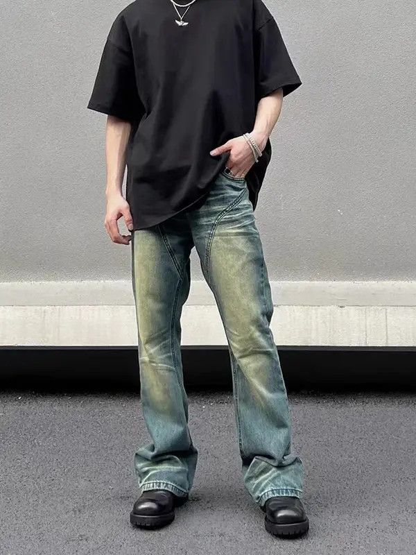 VIBE Vintage washed yellow mud patchwork micro-flared jeans Size US 34 / EU 50 - 4 Thumbnail