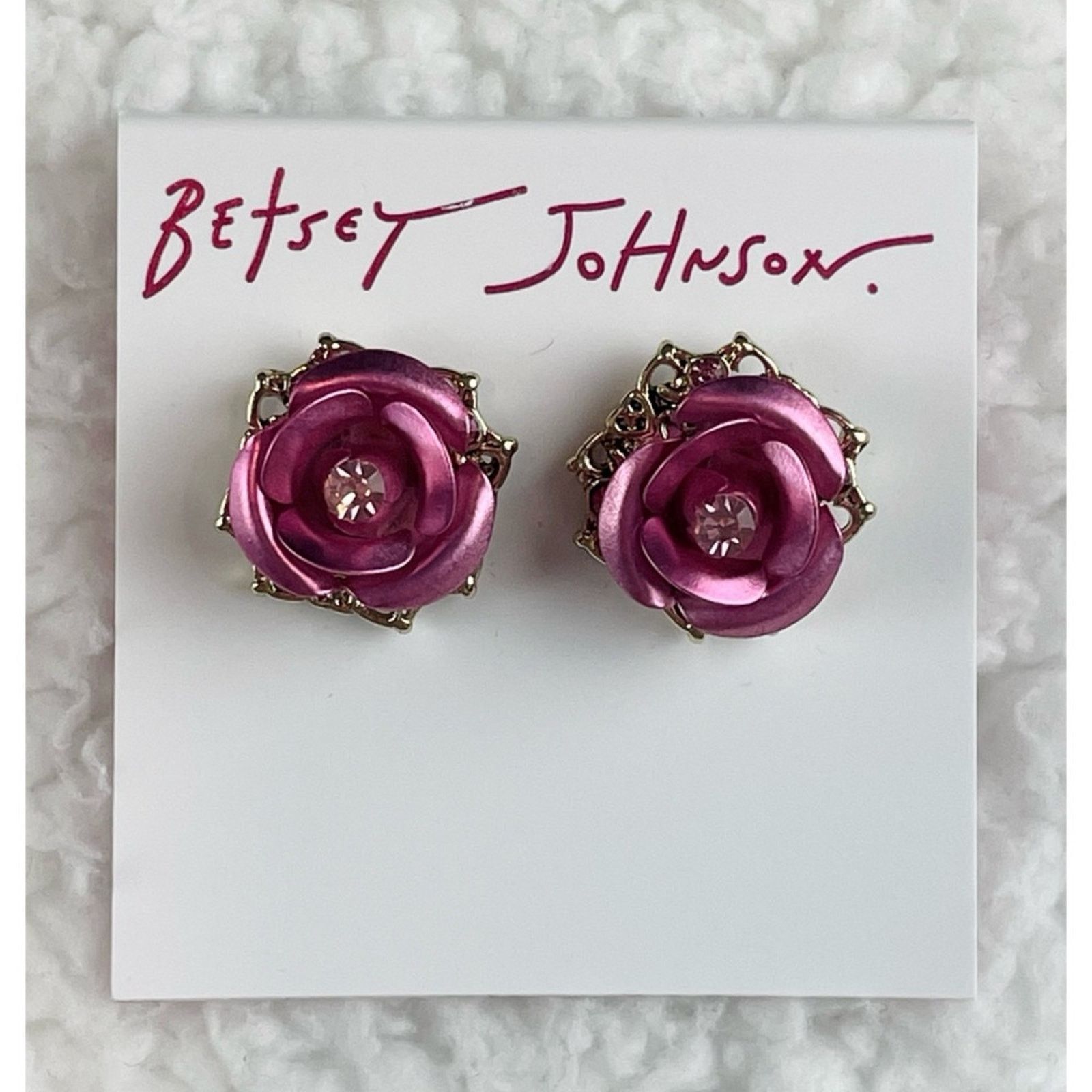 Betsey Johnson BETSEY JOHNSON • Pink/Gold Rose Rhinestone Stud Earrings Size ONE SIZE - 1 Thumbnail