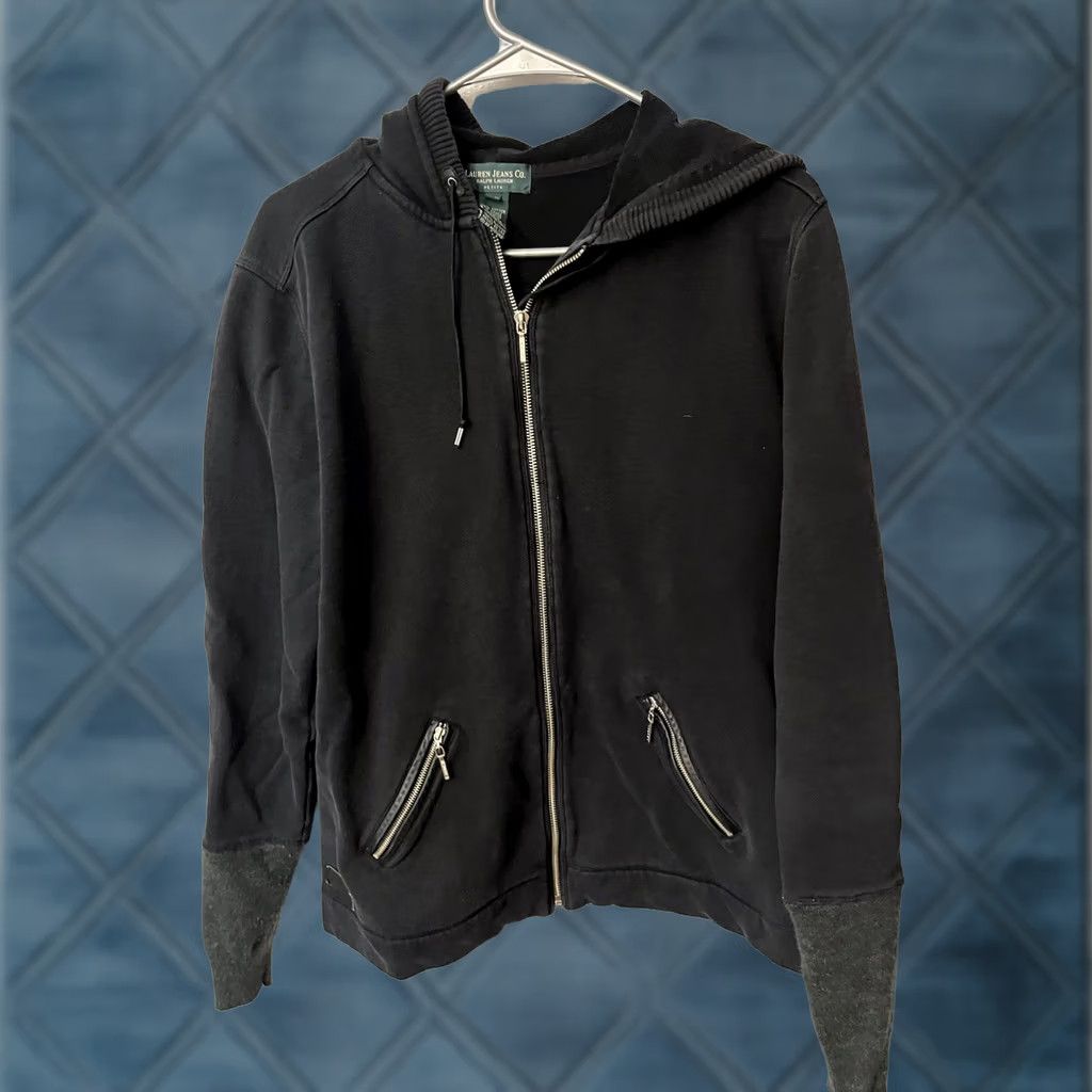 Ralph Lauren RALPH LAUREN Hoodie Women's Large Petite Black Hooded Stretch Logo Full Zip Size L / US 10 / IT 46 - 1 Thumbnail