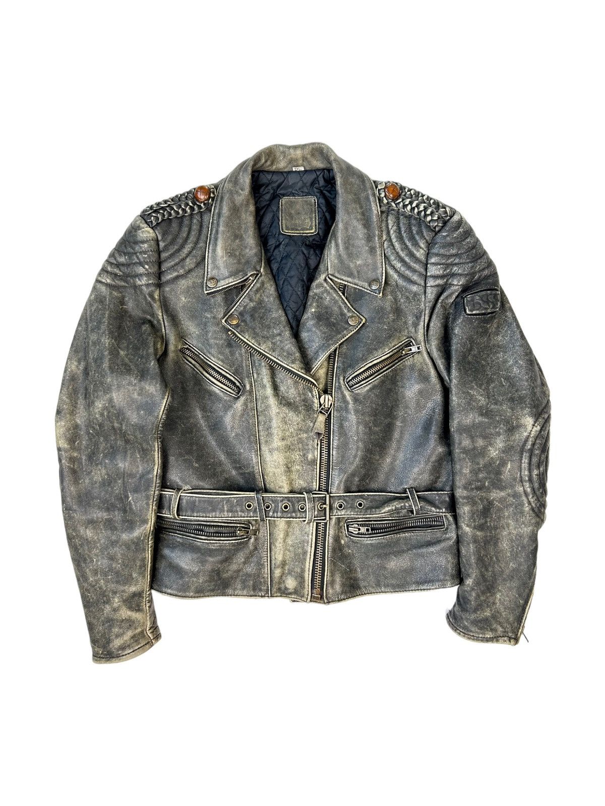 image of Leather Jacket x Vintage Ixs Leather Biker Jacket Trashed Washed Distressed in Washed Gray (Size Sm