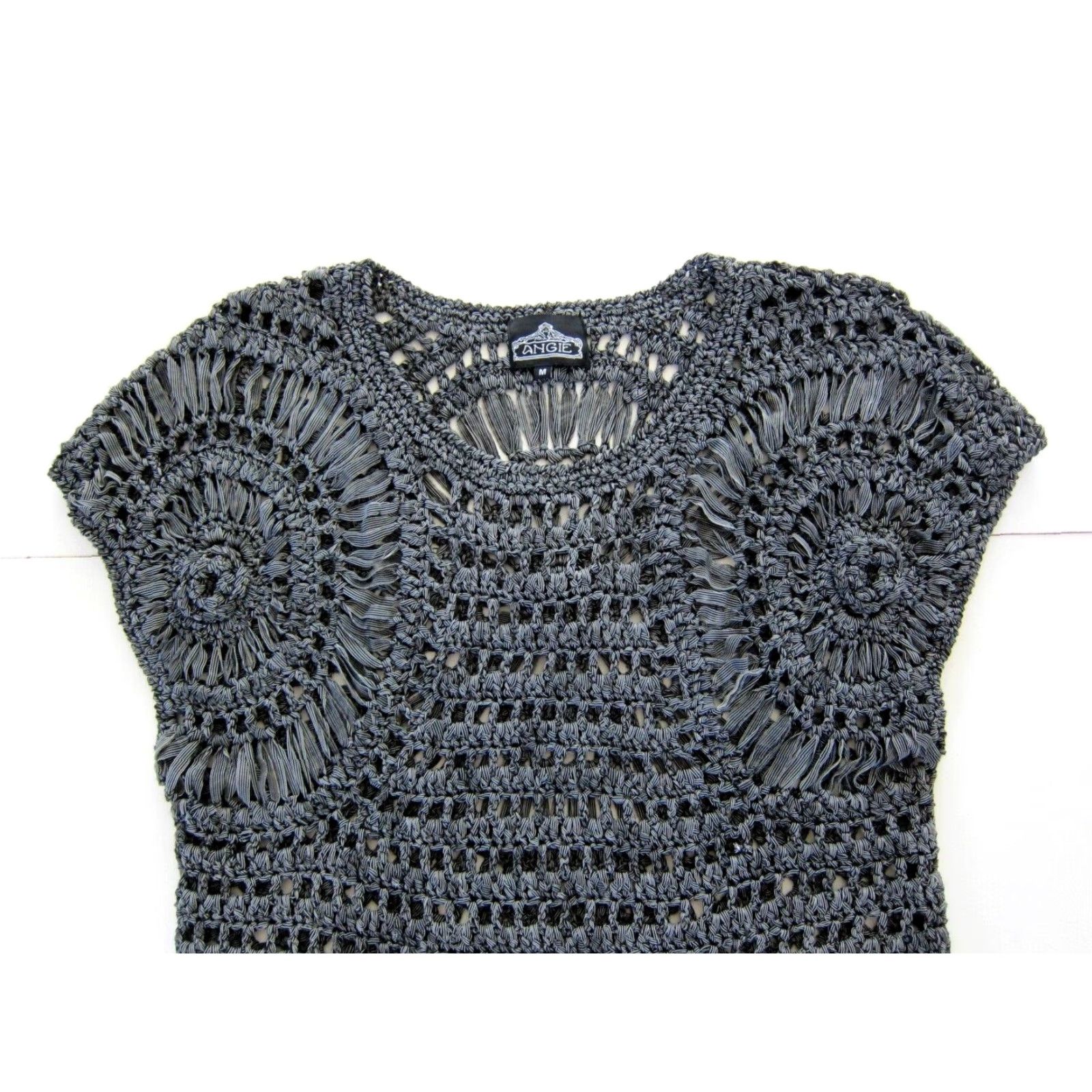 Vintage Angie Grey Cable Knit Crochet Cap Sleeve Blouse Woman Medium Knit Blouse Size M / US 6-8 / IT 42-44 - 6 Thumbnail