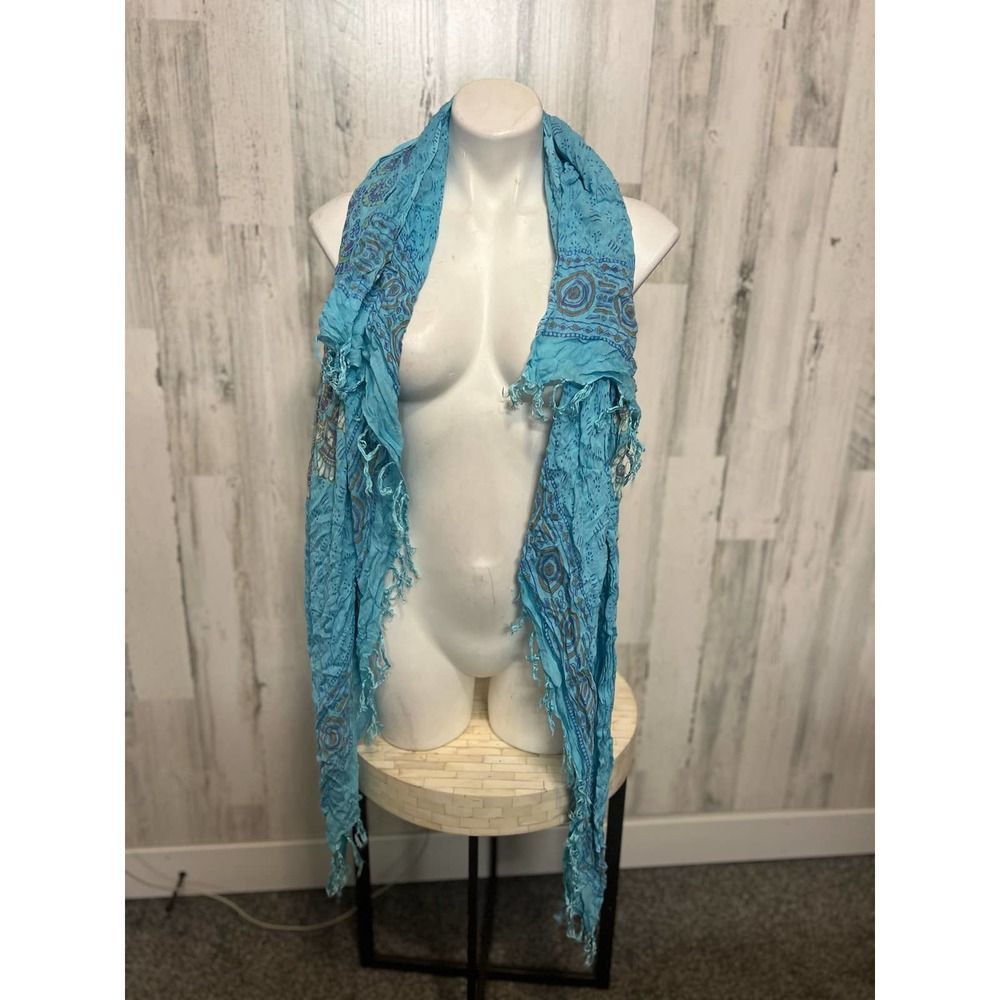Other Turquoise Boho Crinkle Fringe Scarf – Lightweight Embroidere Size ONE SIZE - 1 Thumbnail