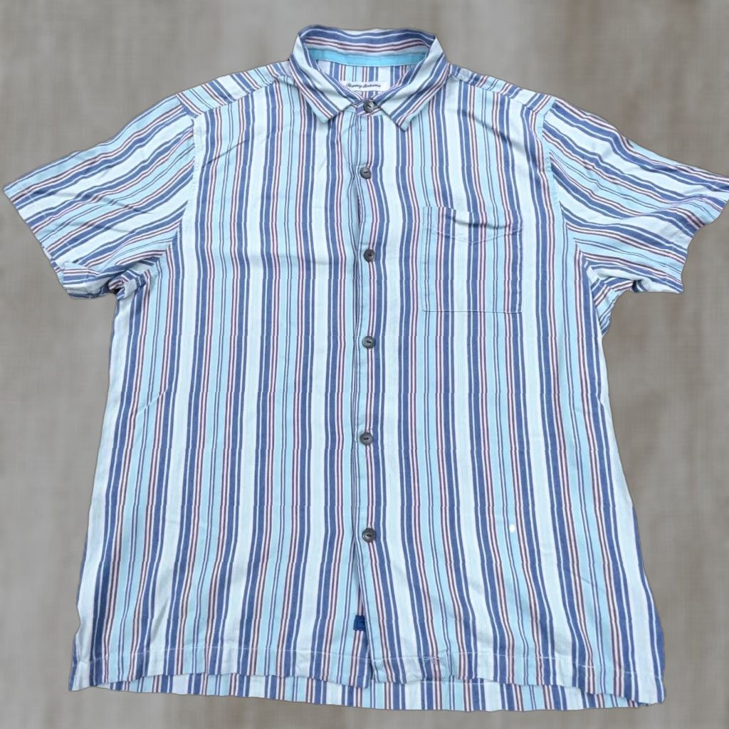Tommy Bahama VINTAGE Tommy Bahama Shirt Men Large Blue Striped Button-Up Linen Beach Camp Dad Adult Size US L / EU 52-54 / 3 - 1 Thumbnail