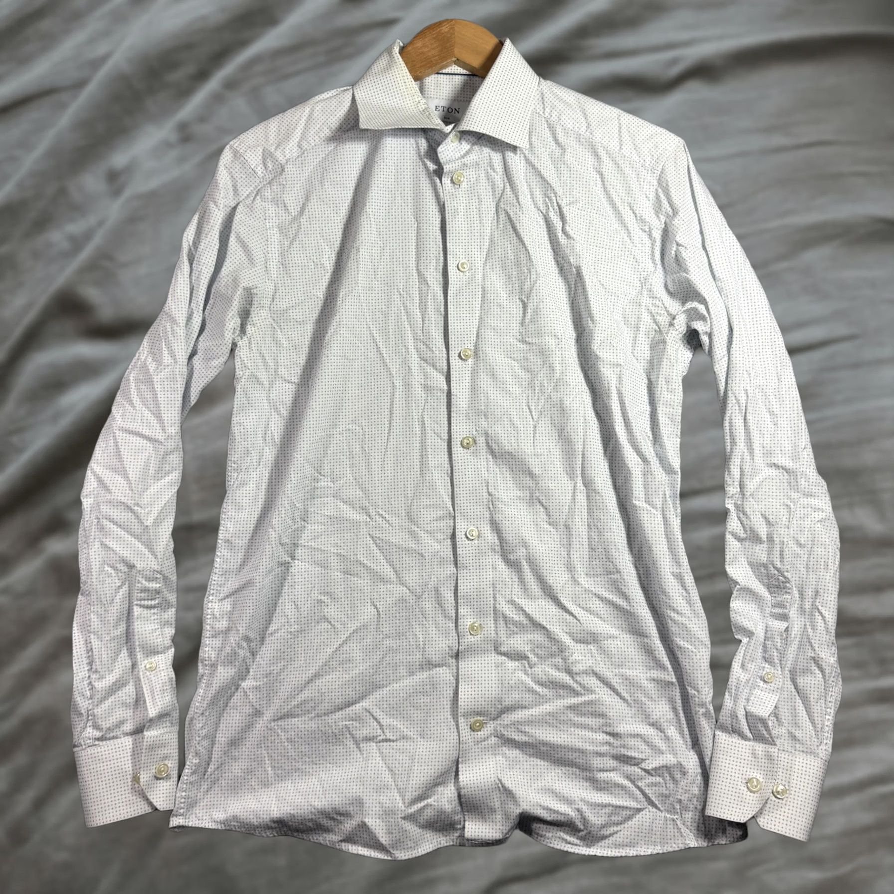 Eton VINTAGE Eton Shirt Geometric Print Dress Sleeve Long Sleeve Mens 16 41 White Blue Slim Fit Barrel Cuff Spread Collar Mens Size 42R - 1 Thumbnail