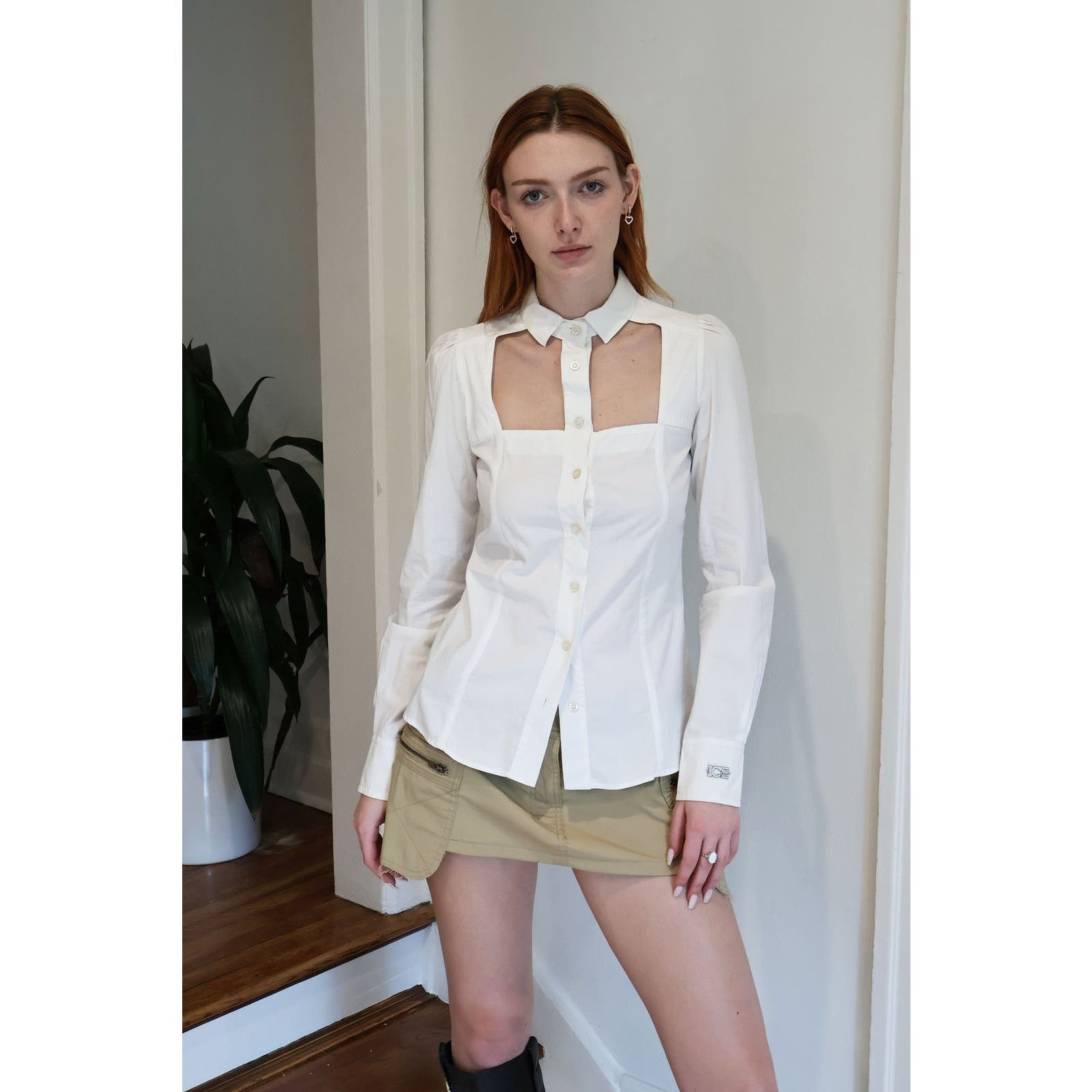 image of Vintage Iceberg Y2K White Cotton Button Up Top With Cutout, Women's (Size Small)