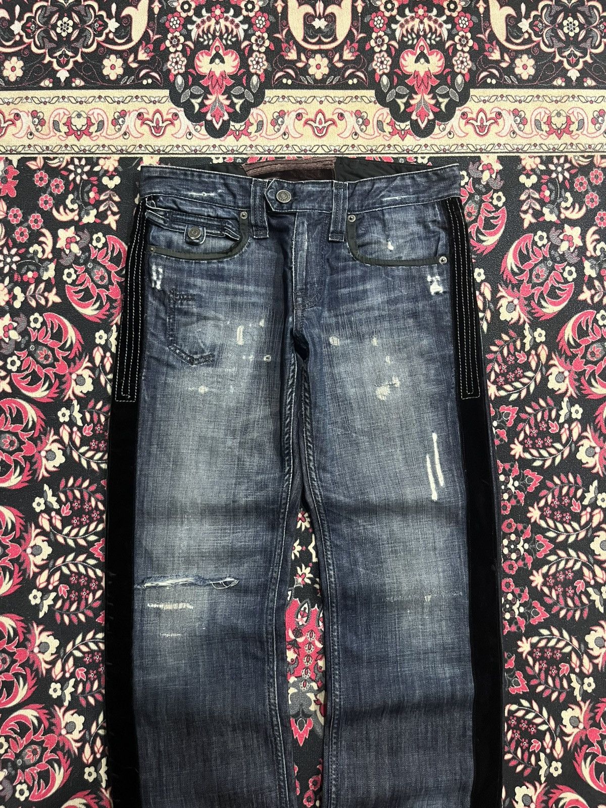 Ben Taverniti Unravel Project Vintage Ben Tavernity Velvet Side Panel Distressed Blue Jean Size US 28 / EU 44 - 3 Thumbnail