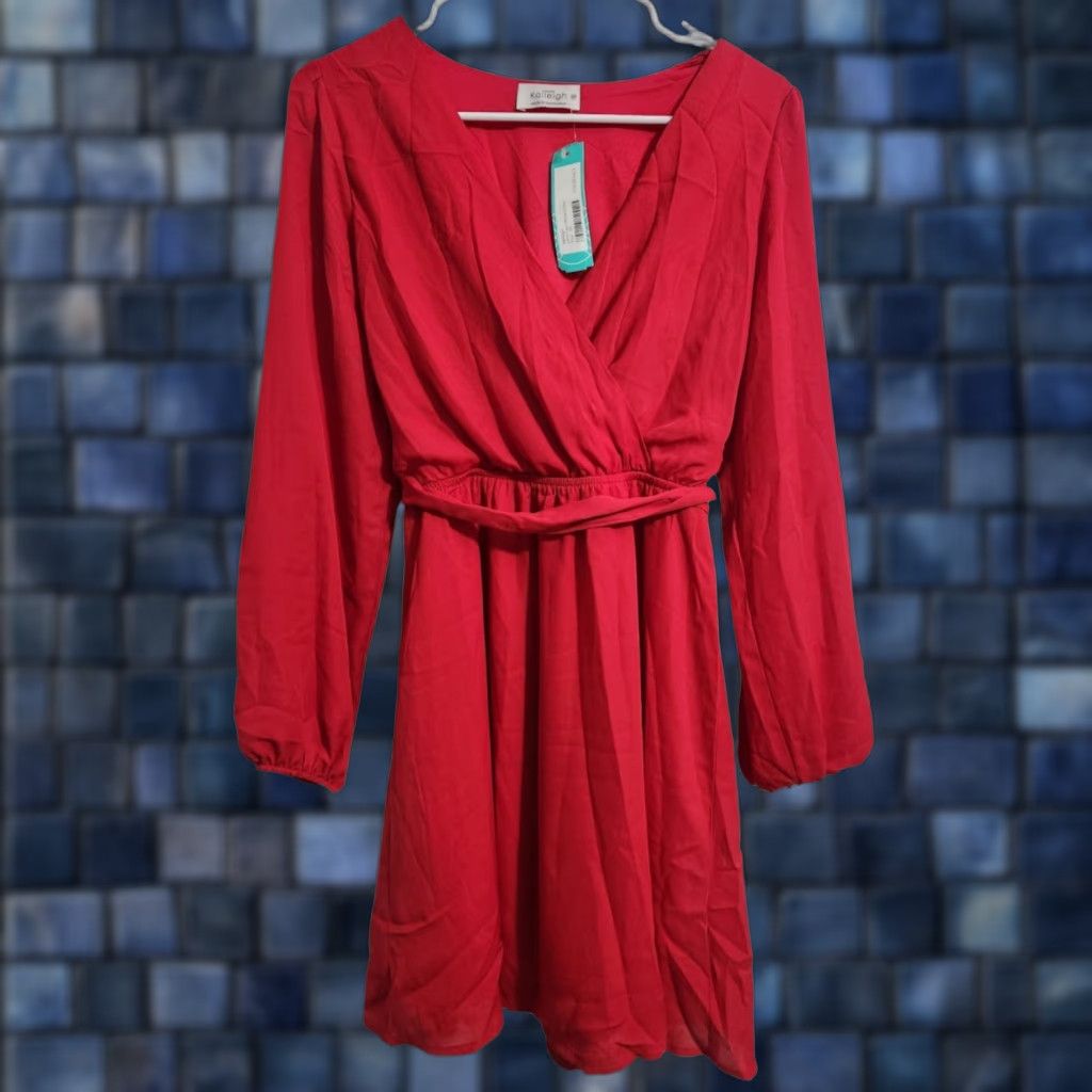 Kaileigh Womens Dress V-Neck Long Sleeve Belted Red Knee Length S Polyester