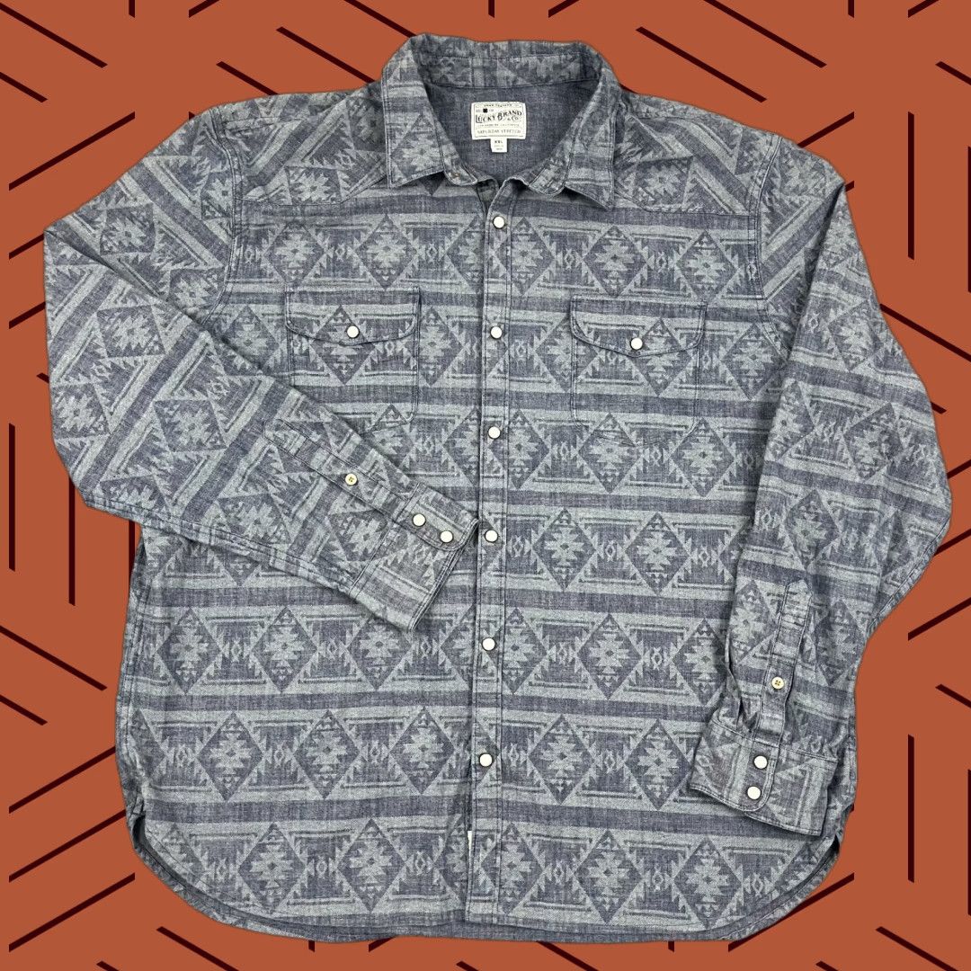 Lucky Brand Lucky Brand Shirt Mens 2XL Blue Southwestern Pearl Snap Cowboy Stretch Geometric Button-Up Casual Western Dress/Workwear Size US XXL / EU 58 / 5 - 1 Thumbnail
