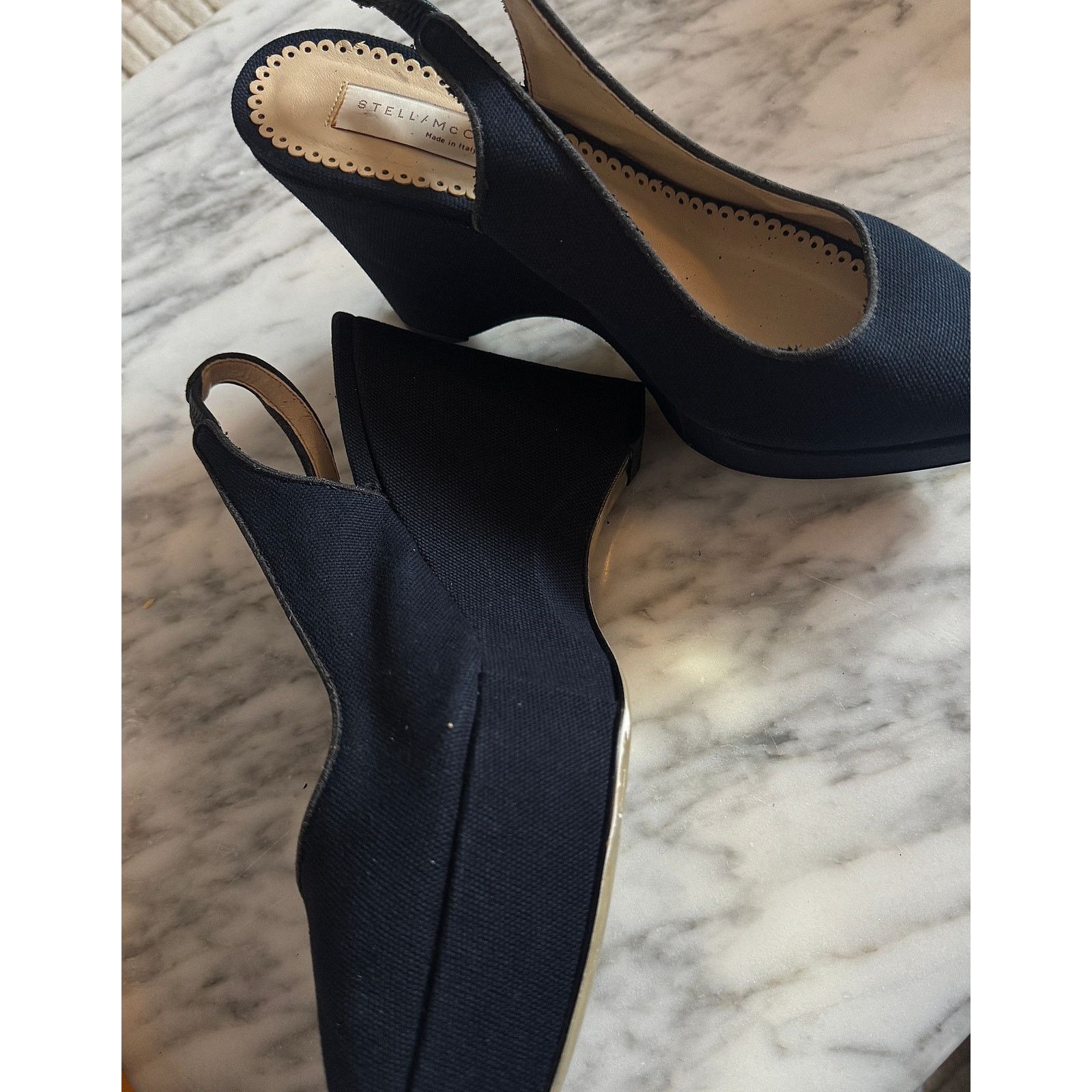 Stella McCartney Stella Mccartney Slingback Wedge Shoes in Navy Blue Canvas Size US 7 / IT 37 - 3 Thumbnail