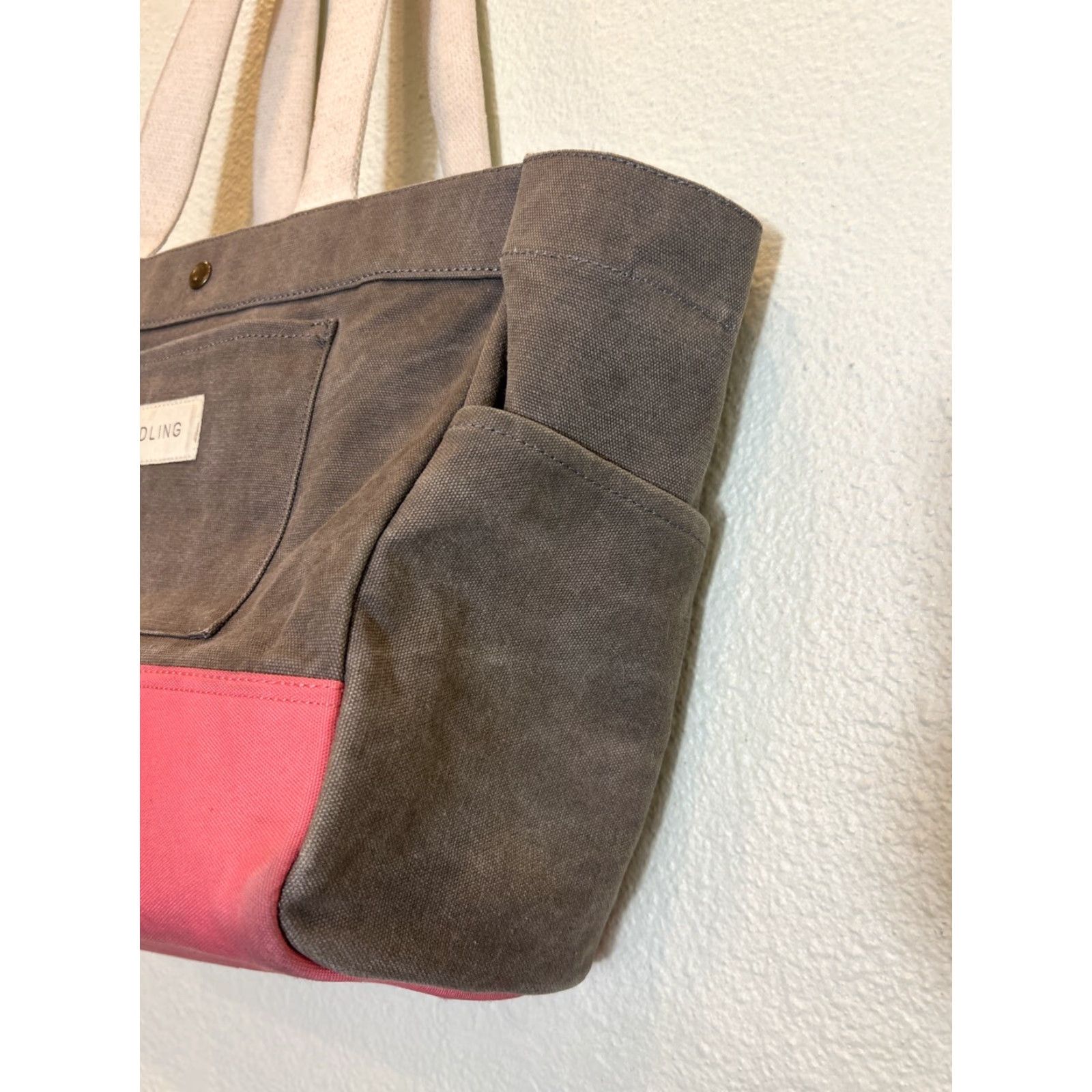 Vintage BIRDLING Tote Bag Medium Canvas Gray Pink Shoulder Interior Pouch 14x11x7 Unisex Adults Large Gray Hardware Pockets Size ONE SIZE - 7 Thumbnail