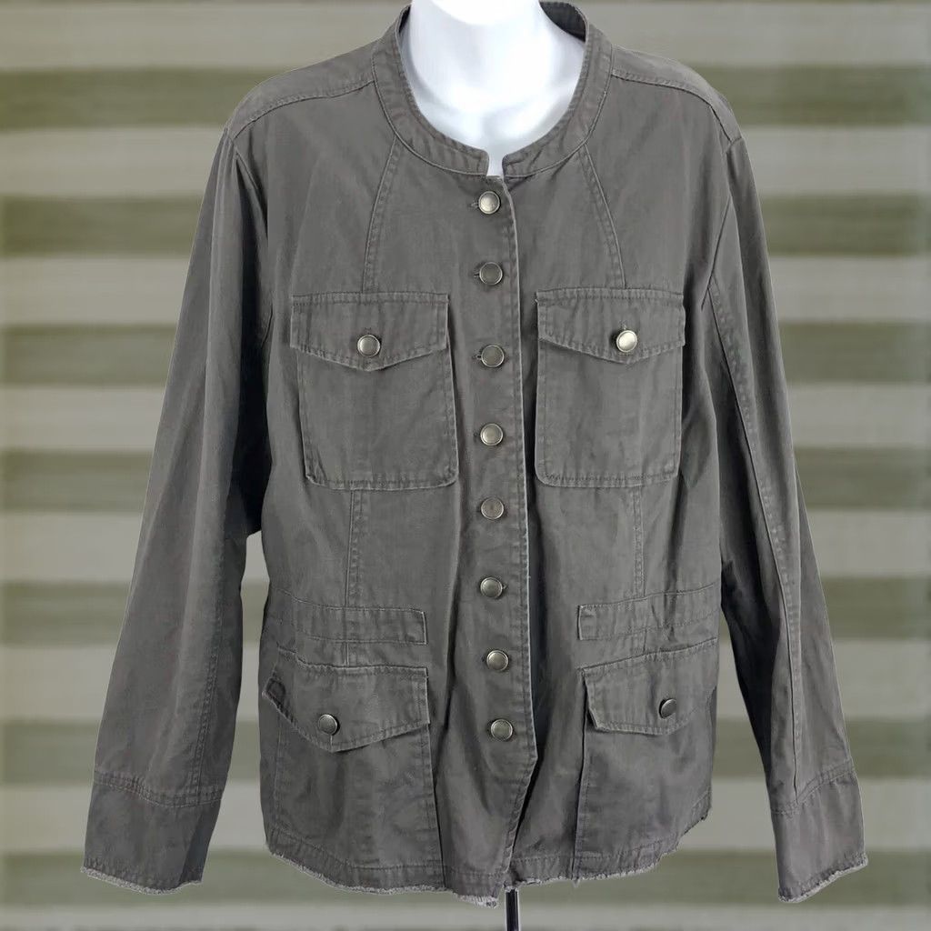 Vintage Maurices Retro Distressed Jacket Gray ButtonUp Fringe Hem 90s Grunge Moto Utility Y2K Jacket Women's L Gray Fringe Size L / US 10 / IT 46 - 1 Thumbnail