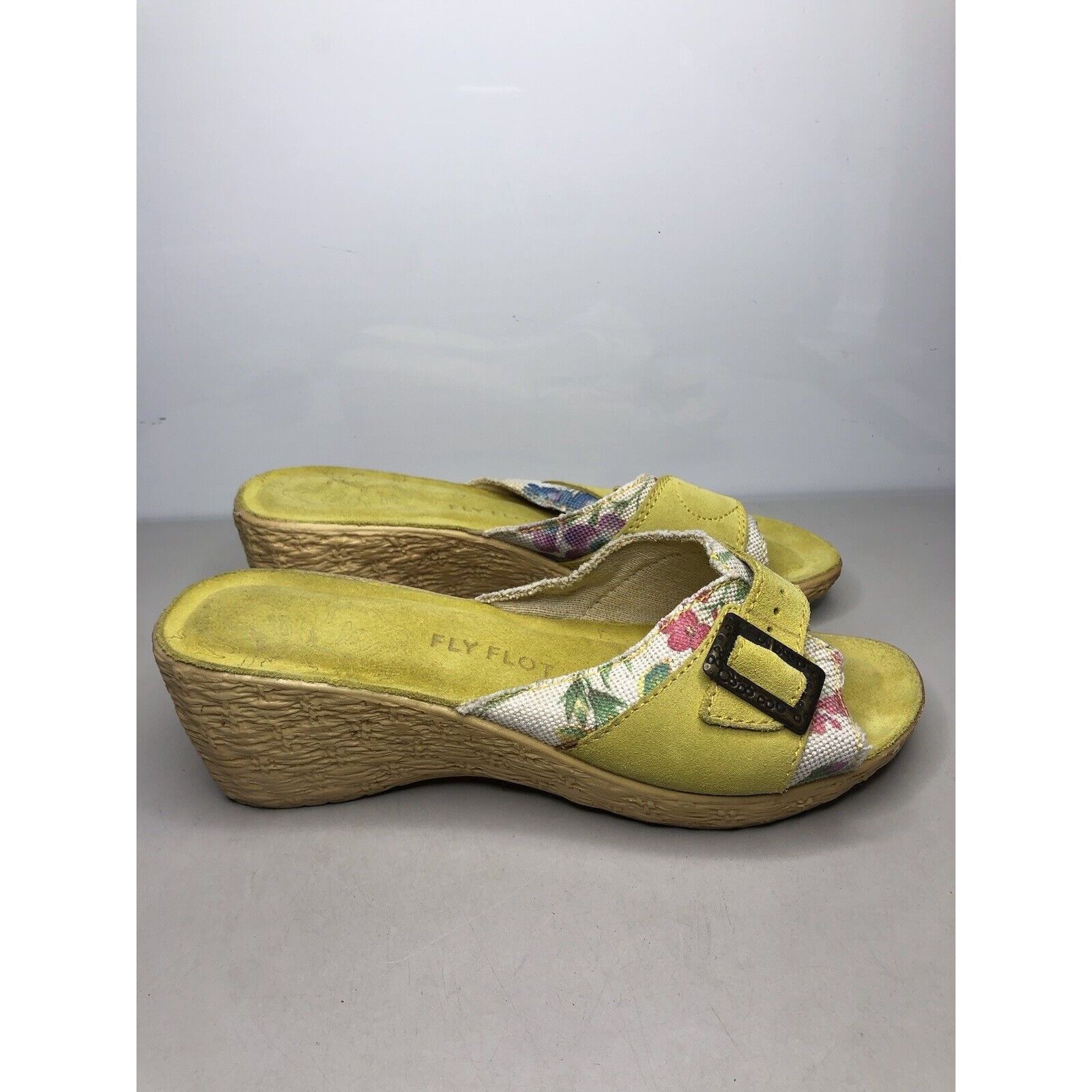 Other FLY FLOT Anti Shock Yellow Suede Floral Buckle Wedge Sandals Size US 10.5 / IT 40.5 - 3 Thumbnail