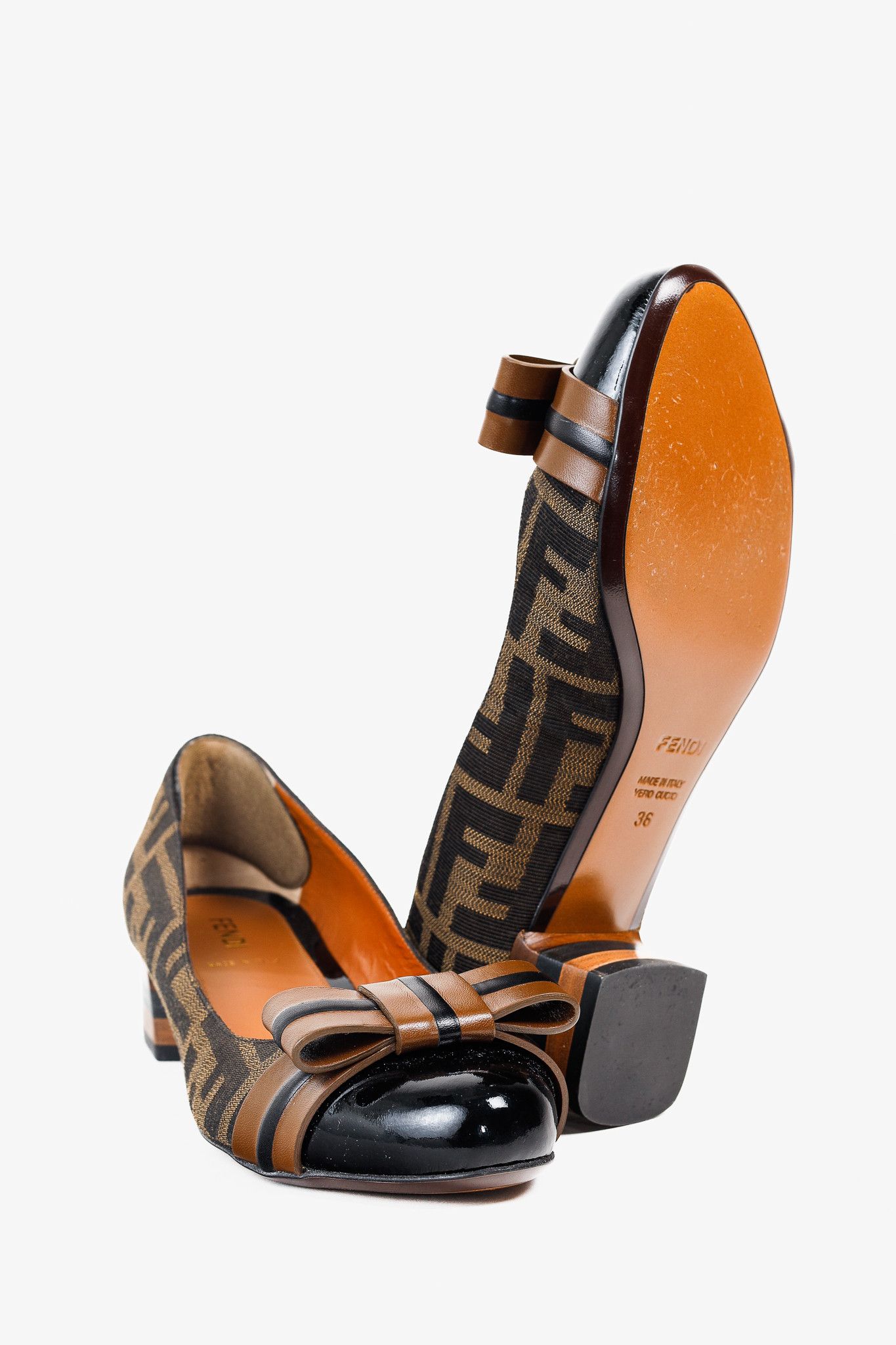 Fendi Fendi Brown Black Zucca Canvas Leather Bow Cap Toe Pumps Size US 5.5 / IT 35.5 - 4 Thumbnail