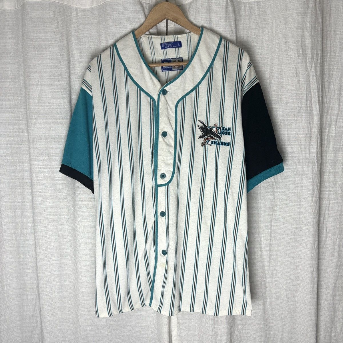 image of Nhl x Starter Vintage San Jose Sharks Baseball Starter Jersey in White, Men's (Size Large)