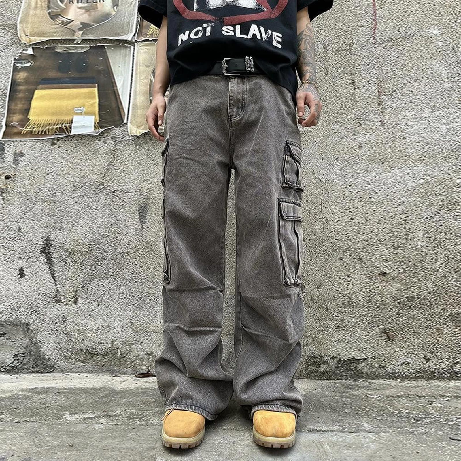 Japanese Brand Gray Baggy Flared Cargo Pants, Wide Leg Utility Pants Size US 32 / EU 48 - 3 Thumbnail