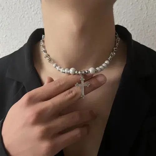 Jewelry Pearl Reflective Cross Necklace Size ONE SIZE - 3 Thumbnail