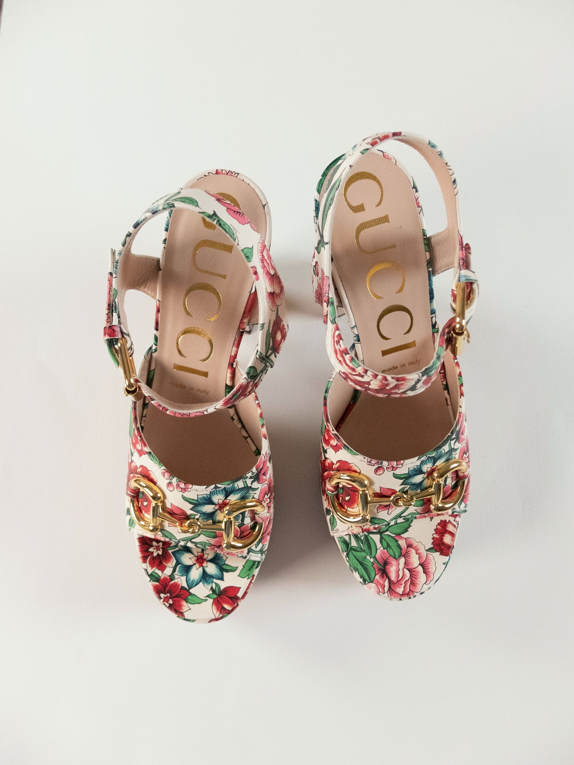 Gucci GUCCI Charlotte white floral print horsebit platform sandals Size US 9.5 / IT 39.5 - 4 Thumbnail