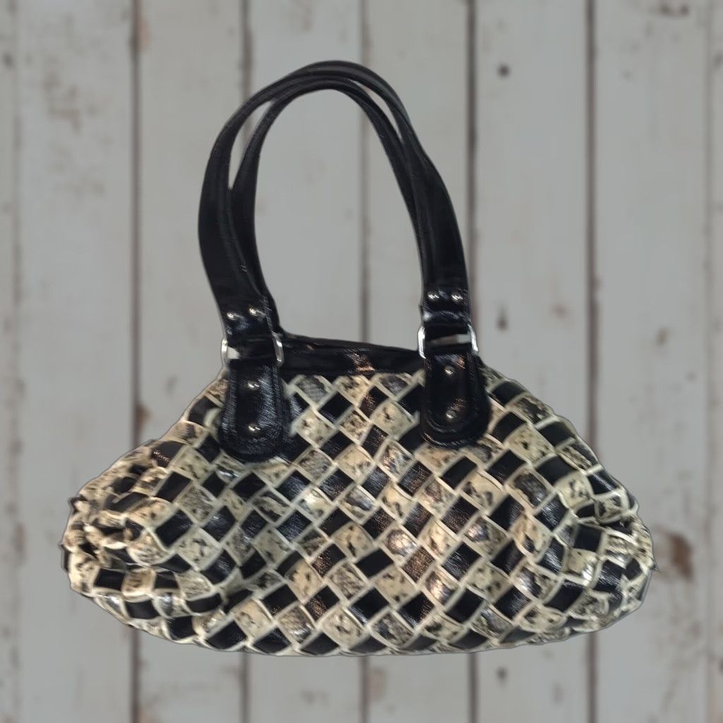 Aldo Aldo Women's Large Faux Leather Satchel Bag Croc Embossed Basket Weave, Black/Beige, Business Casual Travel Size ONE SIZE - 1 Thumbnail