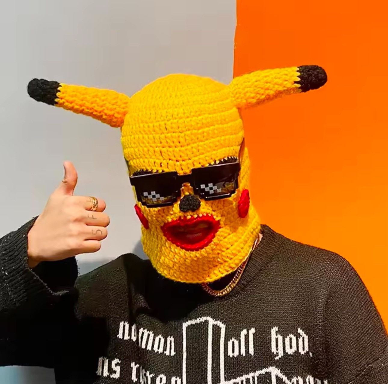 Handmade × Japanese Brand Knitted Balaclava Hat Pikachu Pokemon Devil Style Size ONE SIZE - 3 Thumbnail