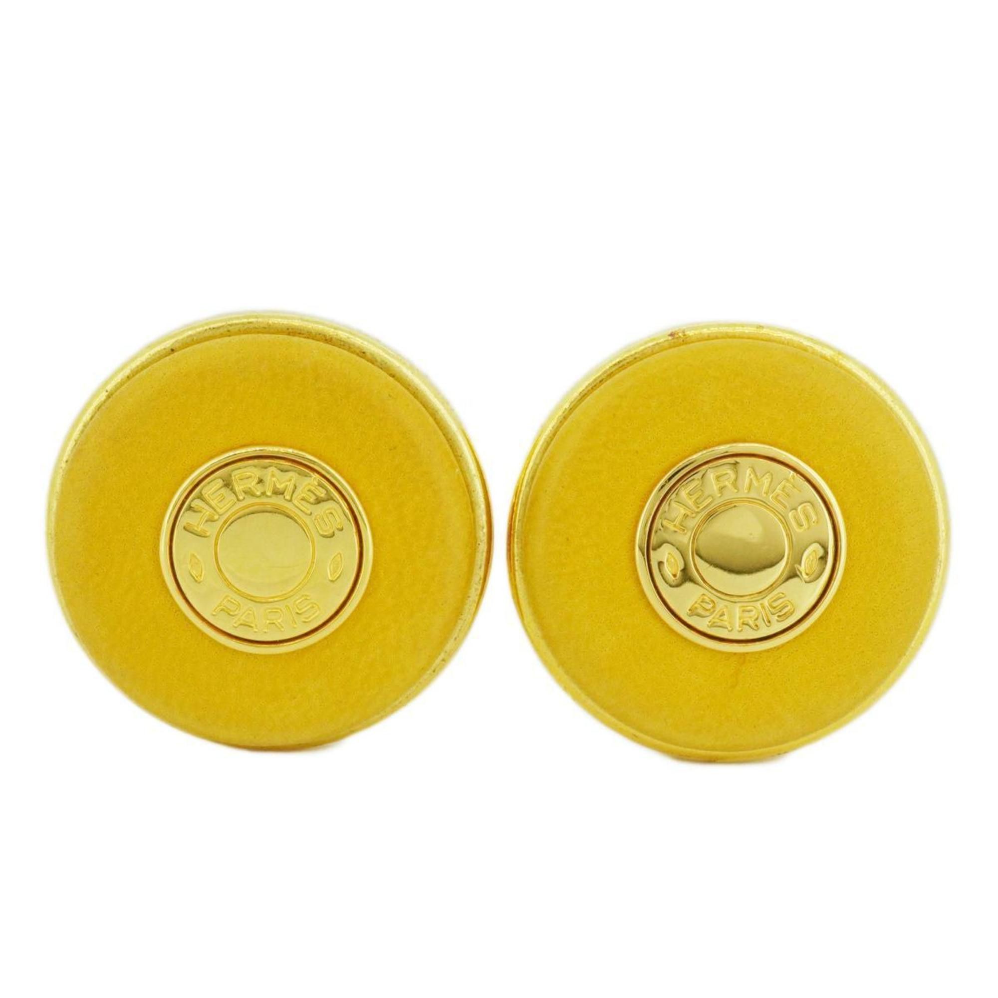 image of Hermes Earrings Serie Gp Plated Leather Gold Yellow Women's