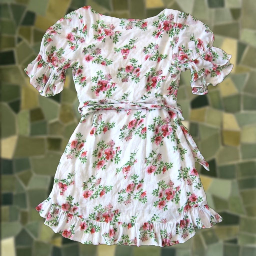 Madison Skylar + Madison Wrap Dress Shirt Womens Small Pink Floral Ruffle V-Neck Short Sleeve Size S / US 4 / IT 40 - 1 Thumbnail
