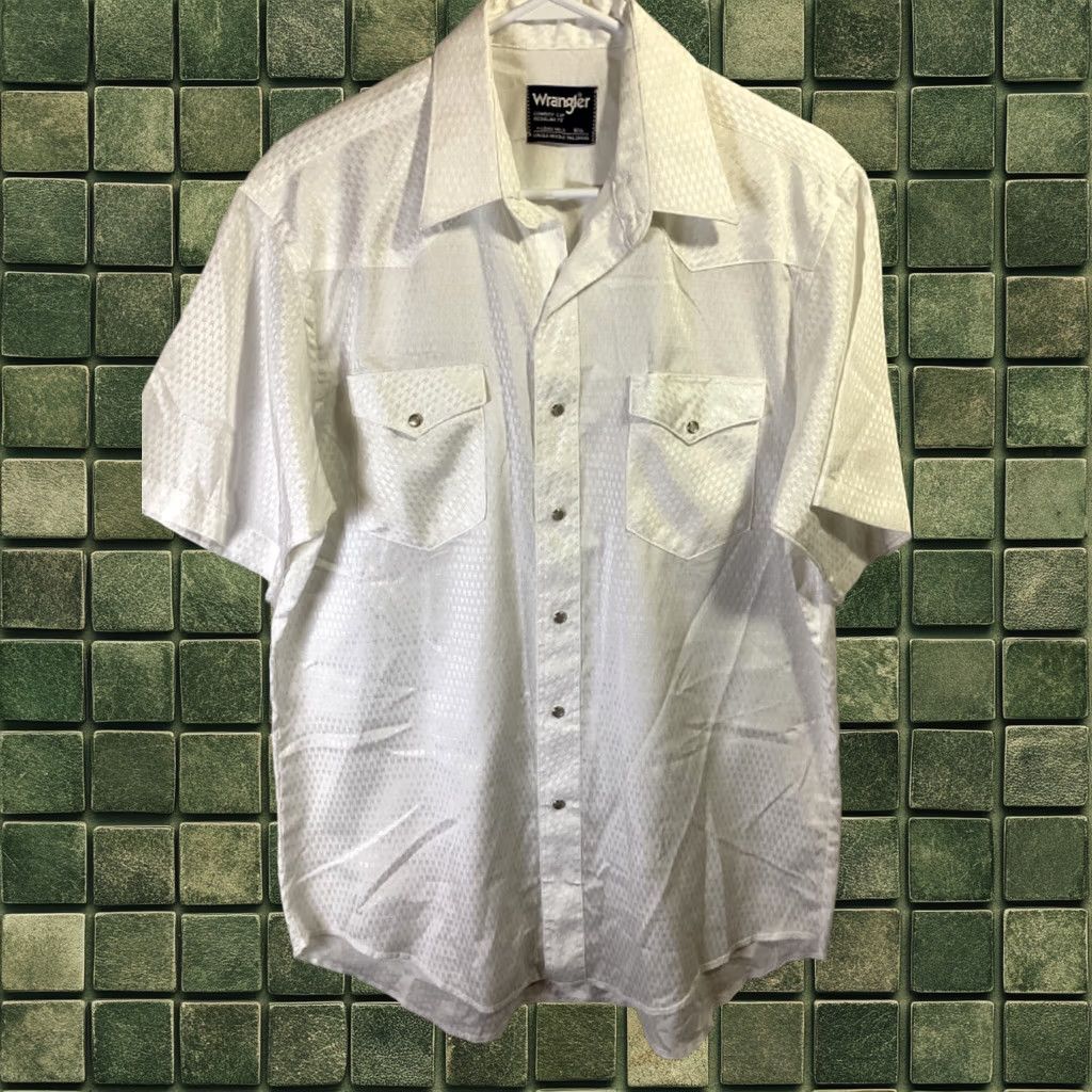 Vintage Wrangler Button-Up Shirt Mens Large White Cowboy Retro Western Poly Blend X-Long Tails, Men's