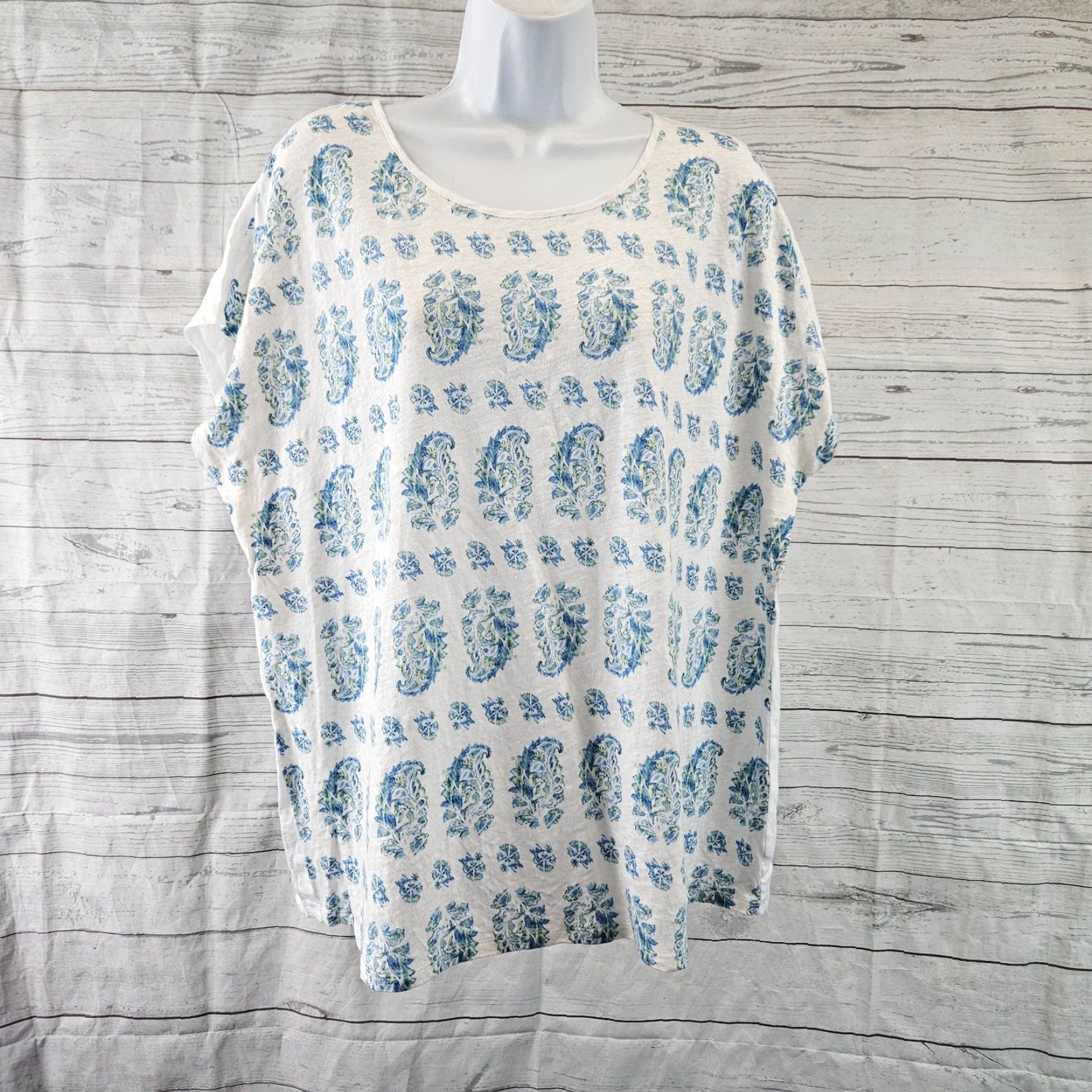 J. Jill J Jill Love Linen Womens Top Sz Large White Blue Paisley Short Sleeve Blouse Size L / US 10 / IT 46 - 2 Thumbnail