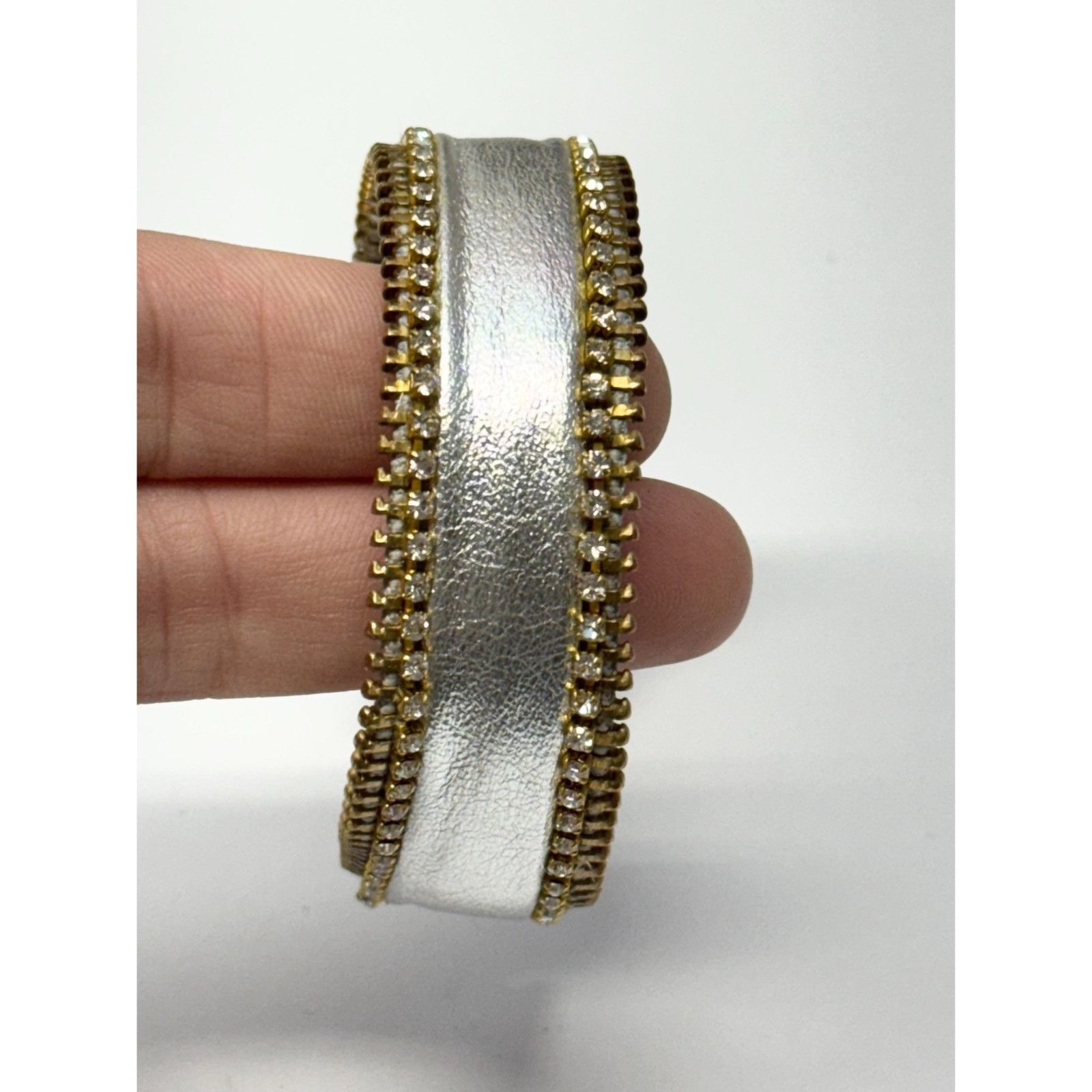 Vintage Vintage silver leather zipper rhinestone cuff bracelet Size ONE SIZE - 5 Thumbnail