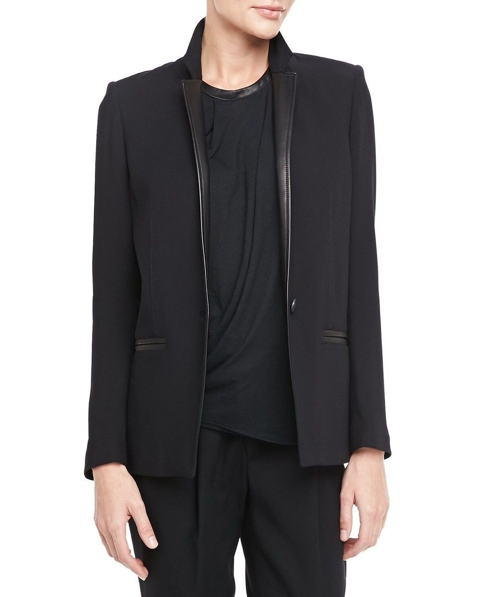 Helmut Lang Helmut Lang Noa Leather-Trim Black Wool Blazer Jacket Size S / US 4 / IT 40 - 2 Thumbnail