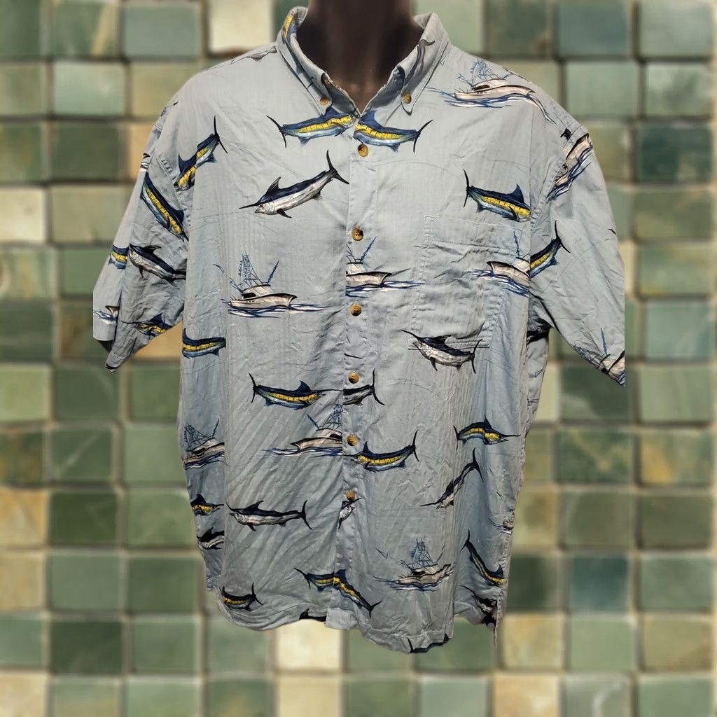 Vintage Hook and Tackle Mens XL Shirt Marlin Fishing Vacation Hawaiian Button-Up Blue Dad Grandpa Size US XL / EU 56 / 4 - 1 Thumbnail