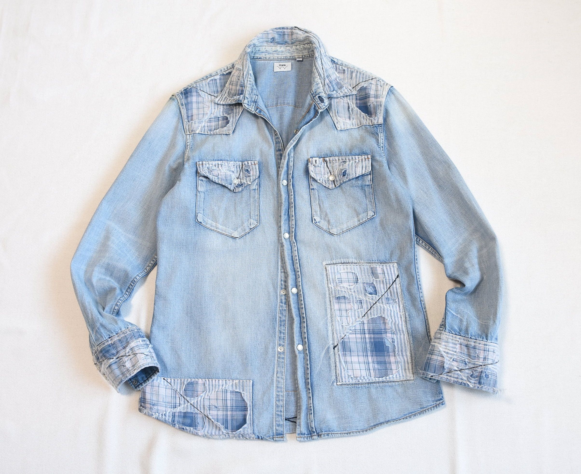 Edwin × Japanese Brand EDWIN Vintage Repair Style Denim Shirt with Patchwork!! Size US M / EU 48-50 / 2 - 3 Thumbnail