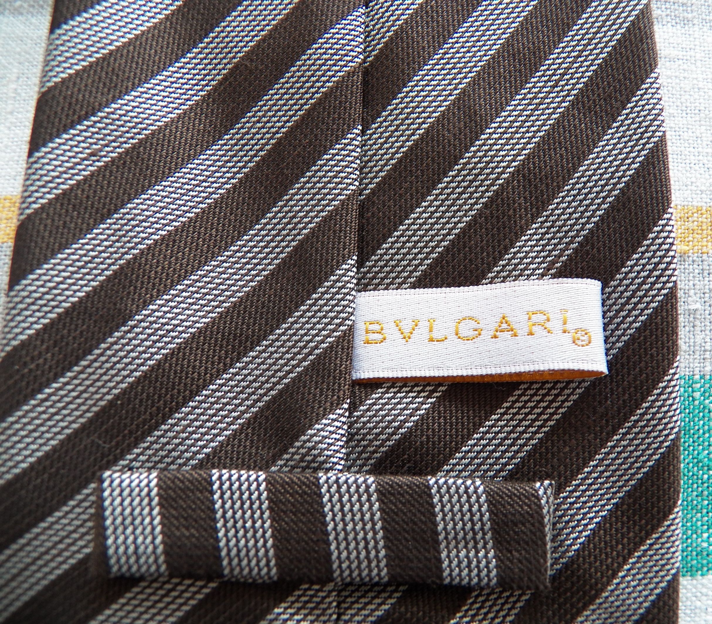 Bvlgari Silk Linen Necktie woven grey brown diagonal stripe tie Size ONE SIZE - 4 Thumbnail