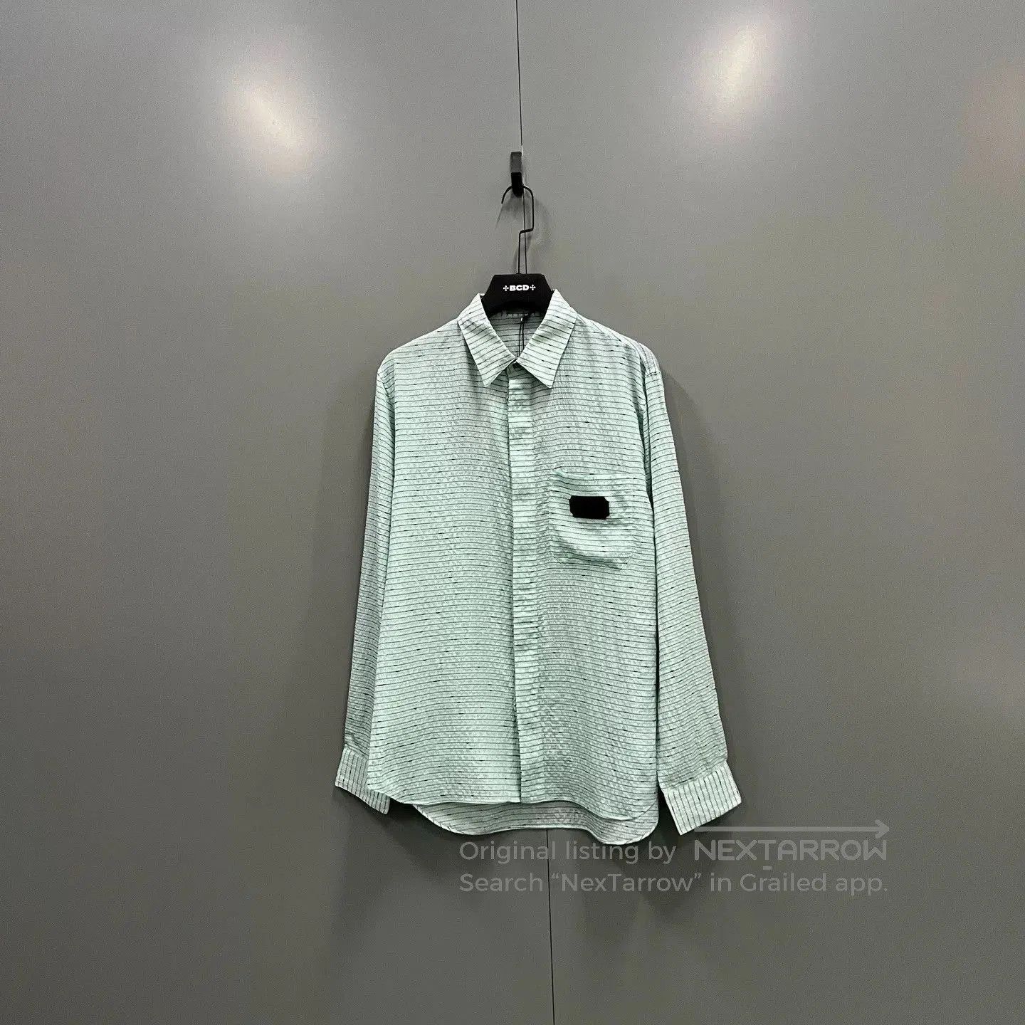 mint green striped silk shirt by Dior.
