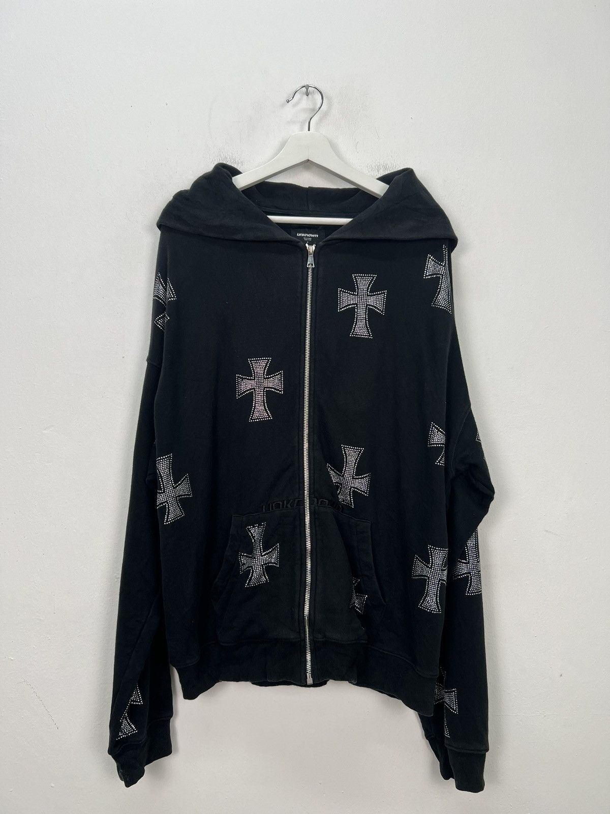 image of Black Cross Rhinestone Zip-Up Hoodie, Men's (Size Medium)