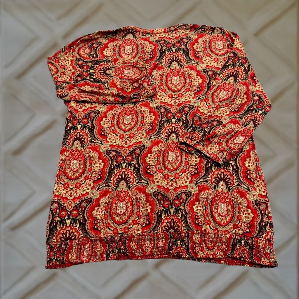 Lucky Brand Lucky Brand Paisley Henley Blouse Womens XL Red Swirl Pattern Casual Sleeve Button Top Size XL / US 12-14 / IT 48-50 - 1 Thumbnail