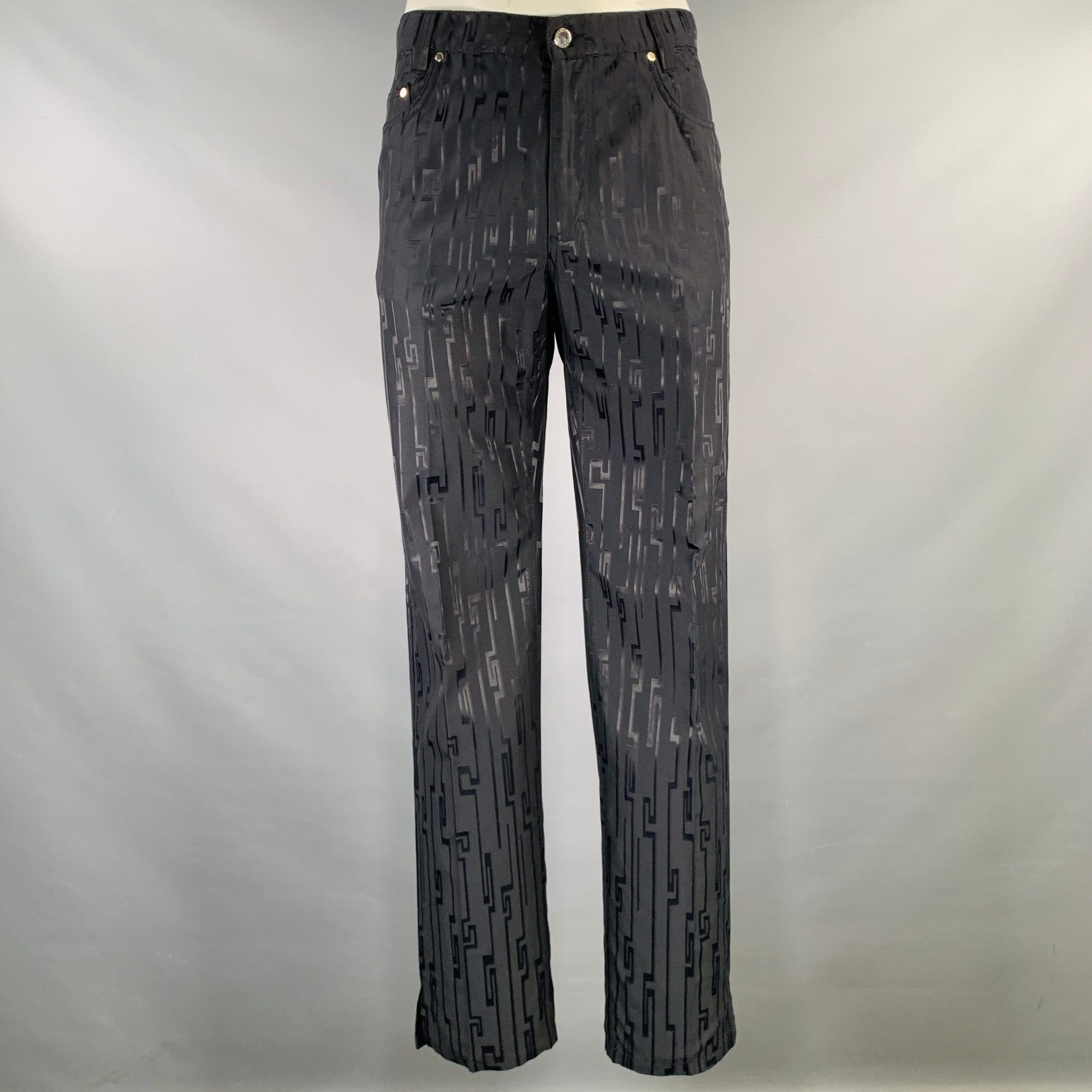 image of Versace Black Jacquard Cotton Blend Jean Cut Casual Pants, Men's (Size 38)