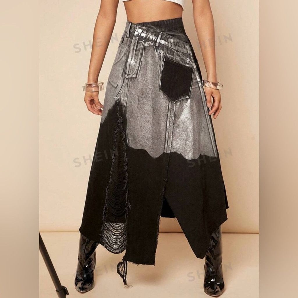 Other Ripped Asymmetrical Hem Denim Skirt Black & Silver Size 8 Size 30" / US 8 / IT 44 - 6 Thumbnail