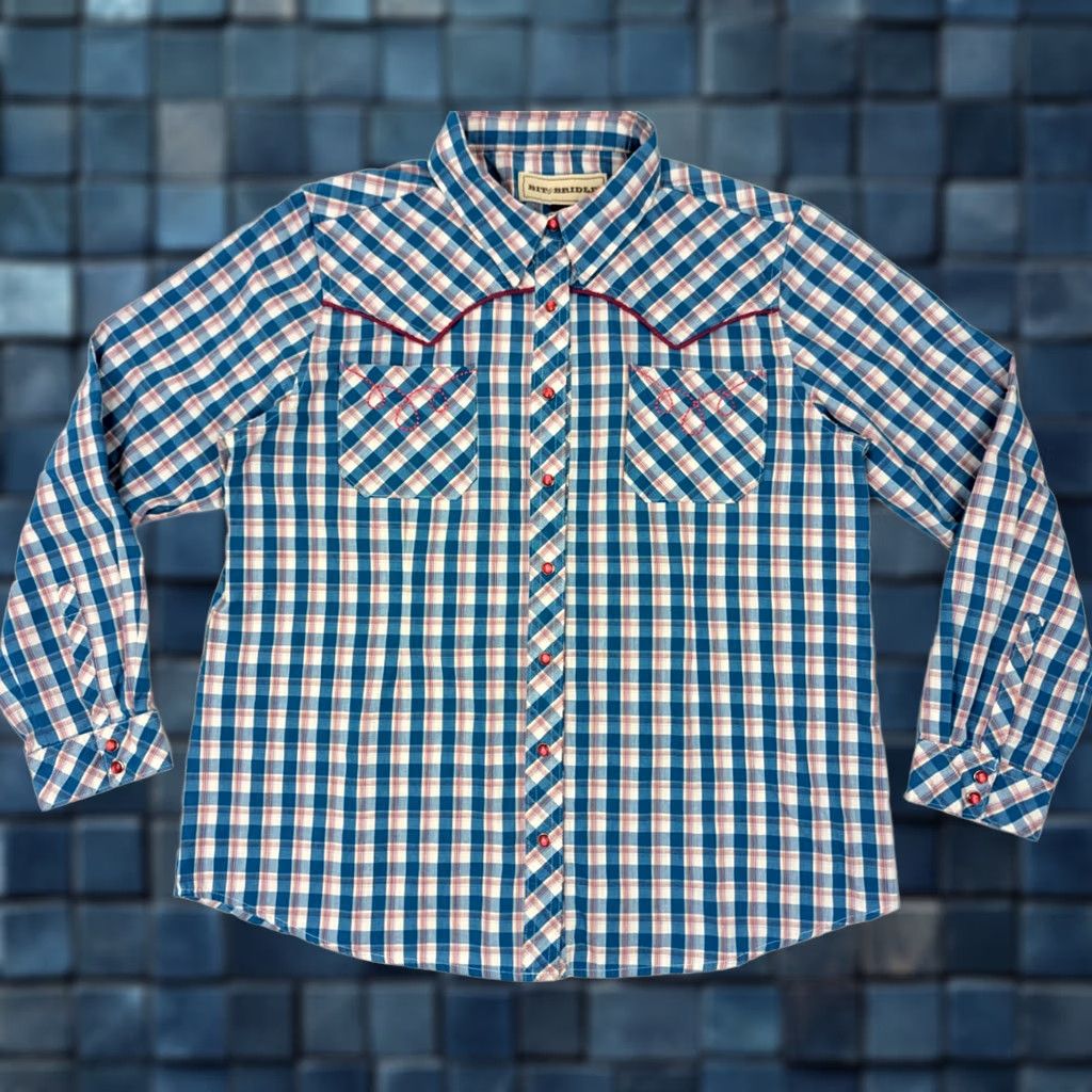 Pinko Bit & Bridle Western Shirt Women L Teal Plaid Long Sleeve Pearlsnap Embroidered Easy Care Wrinkle Resistant Casual Vintage: No Size L / US 10 / IT 46 - 1 Thumbnail