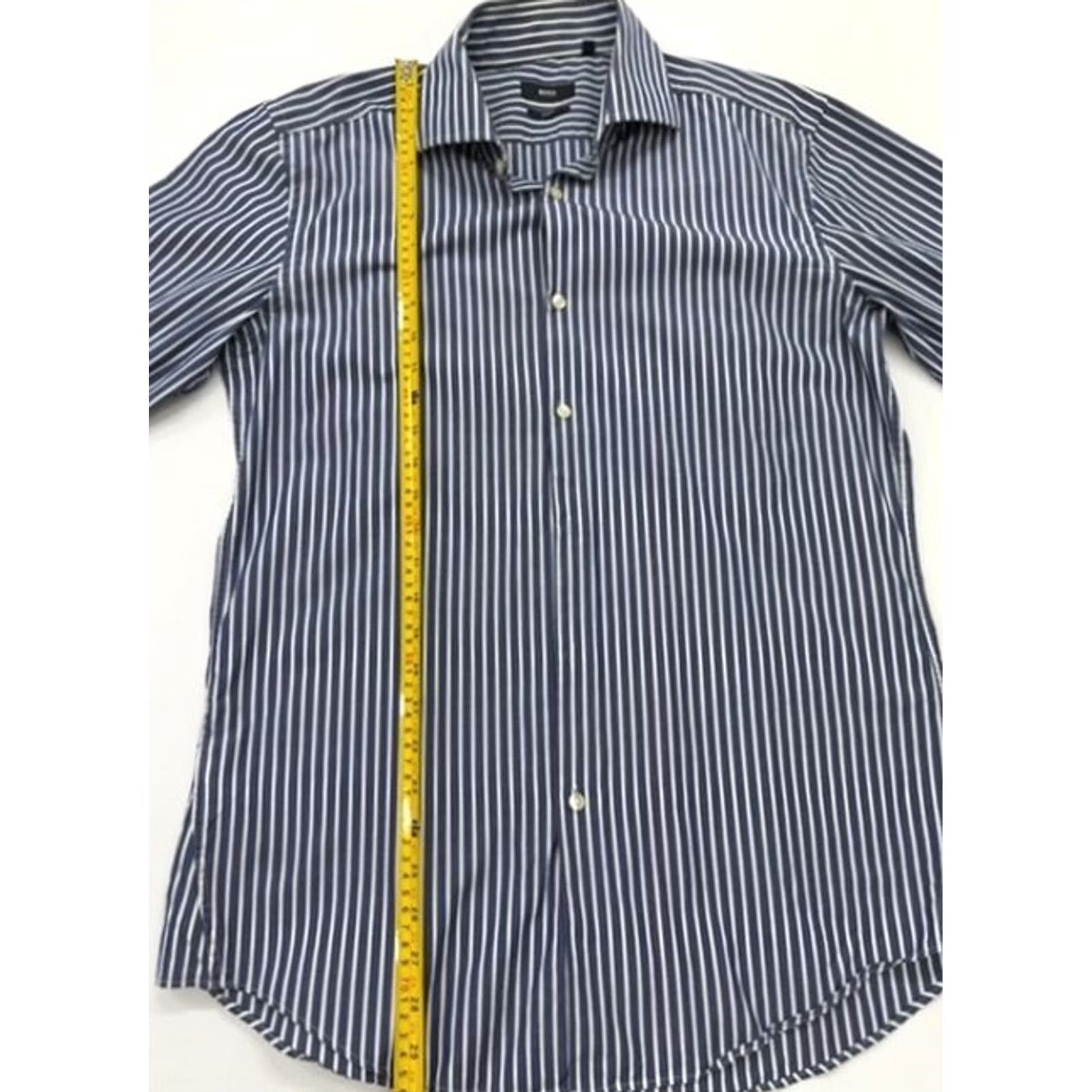 Hugo Boss VINTAGE Hugo Boss Mens Blue Striped Slim Fit Dress Shirt 42 Button-Down Collar Used Shirt Mens 42 Blue Striped Dress Shirt Business Prime Size 42R - 5 Thumbnail