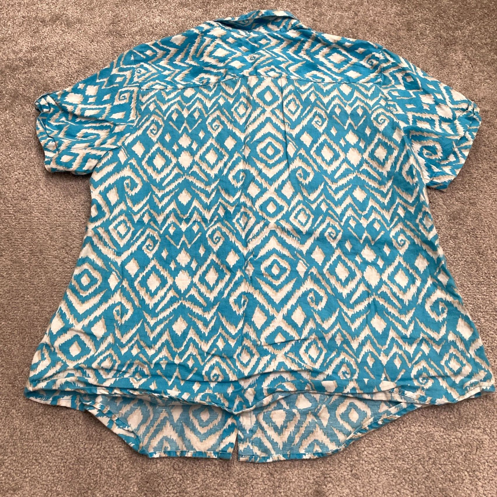 Vintage Kim Rogers Linen Button Down Shirt Womens XL Blue Geometric Aztec Short Sleeve Size XL / US 12-14 / IT 48-50 - 2 Thumbnail