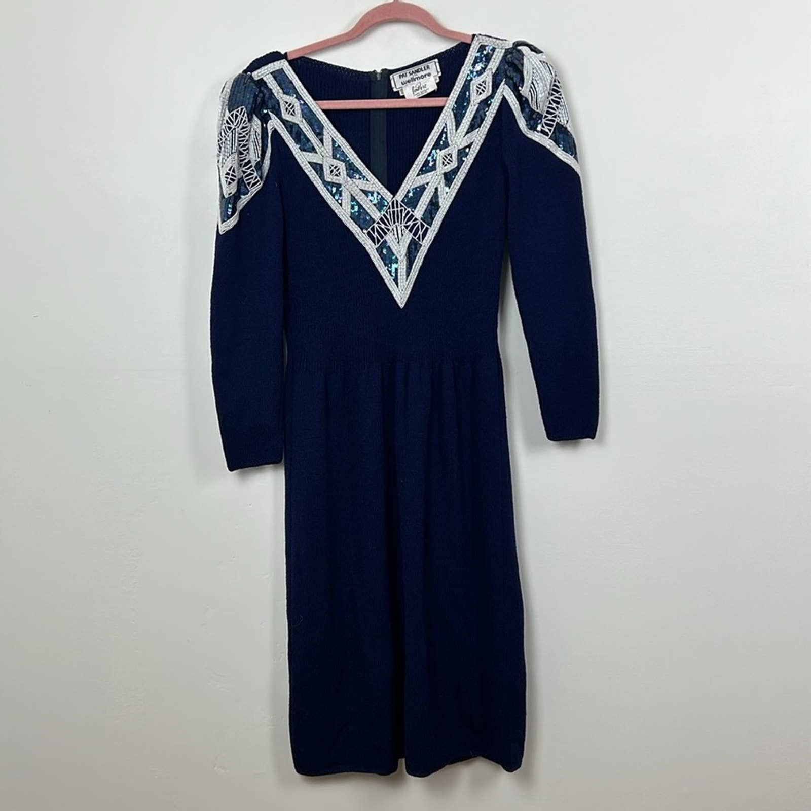 image of Vintage 80's Pat Sandler For Wellmore Beaded Wool Dress in Blue, Women's (Size XL)