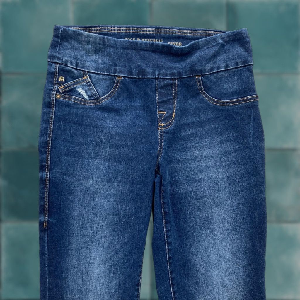 Vintage Rock & Republic Jeans Womens 8 Blue Denim RX Fever Pull On Skinny High Rise Slimming Stretch Distressed Logo 90s Grunge Size 30" / US 8 / IT 44 - 1 Thumbnail