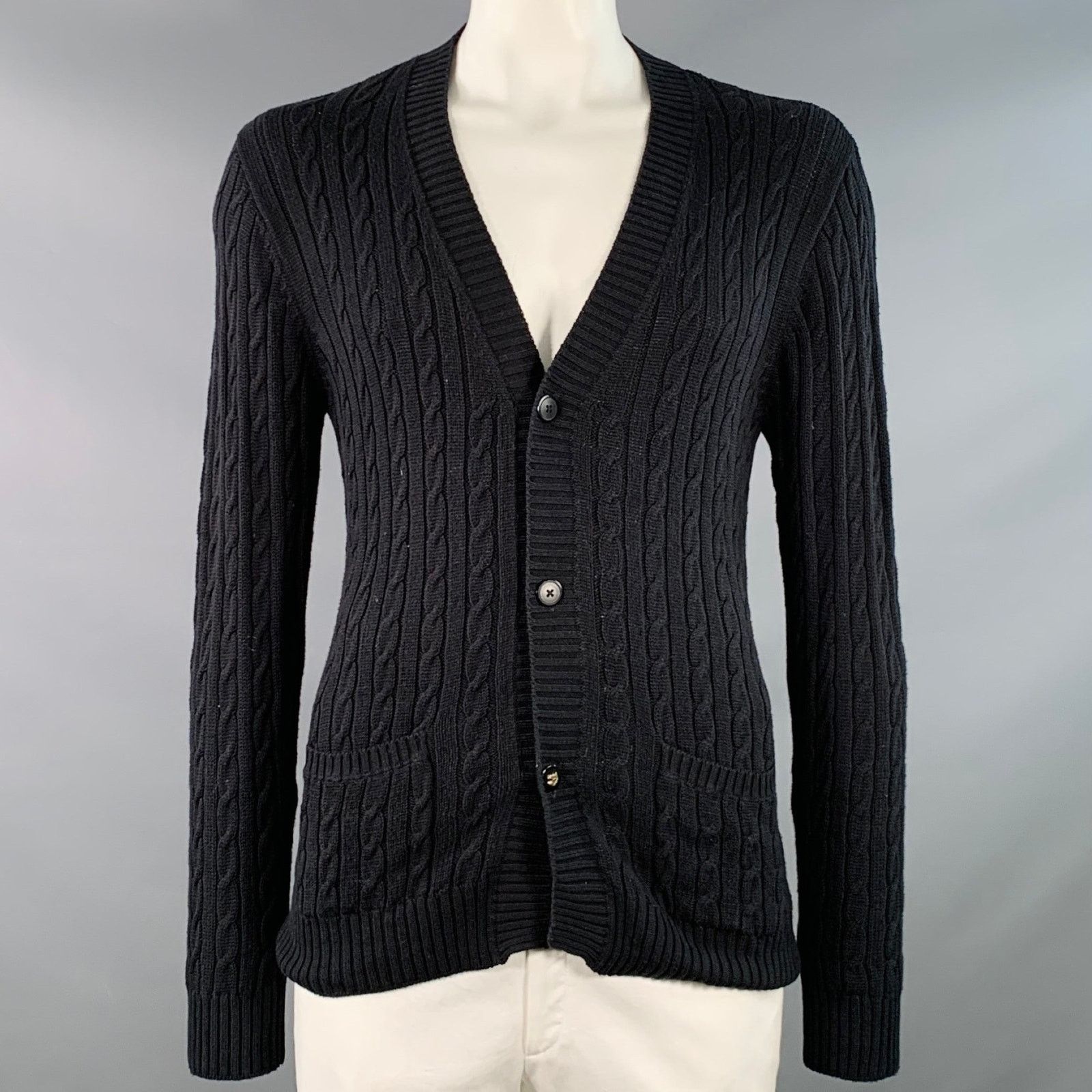 Other SERGIO DAVILA Size L Black Cable Knit Cotton V-Neck Cardigan Size US L / EU 52-54 / 3 - 1 Thumbnail