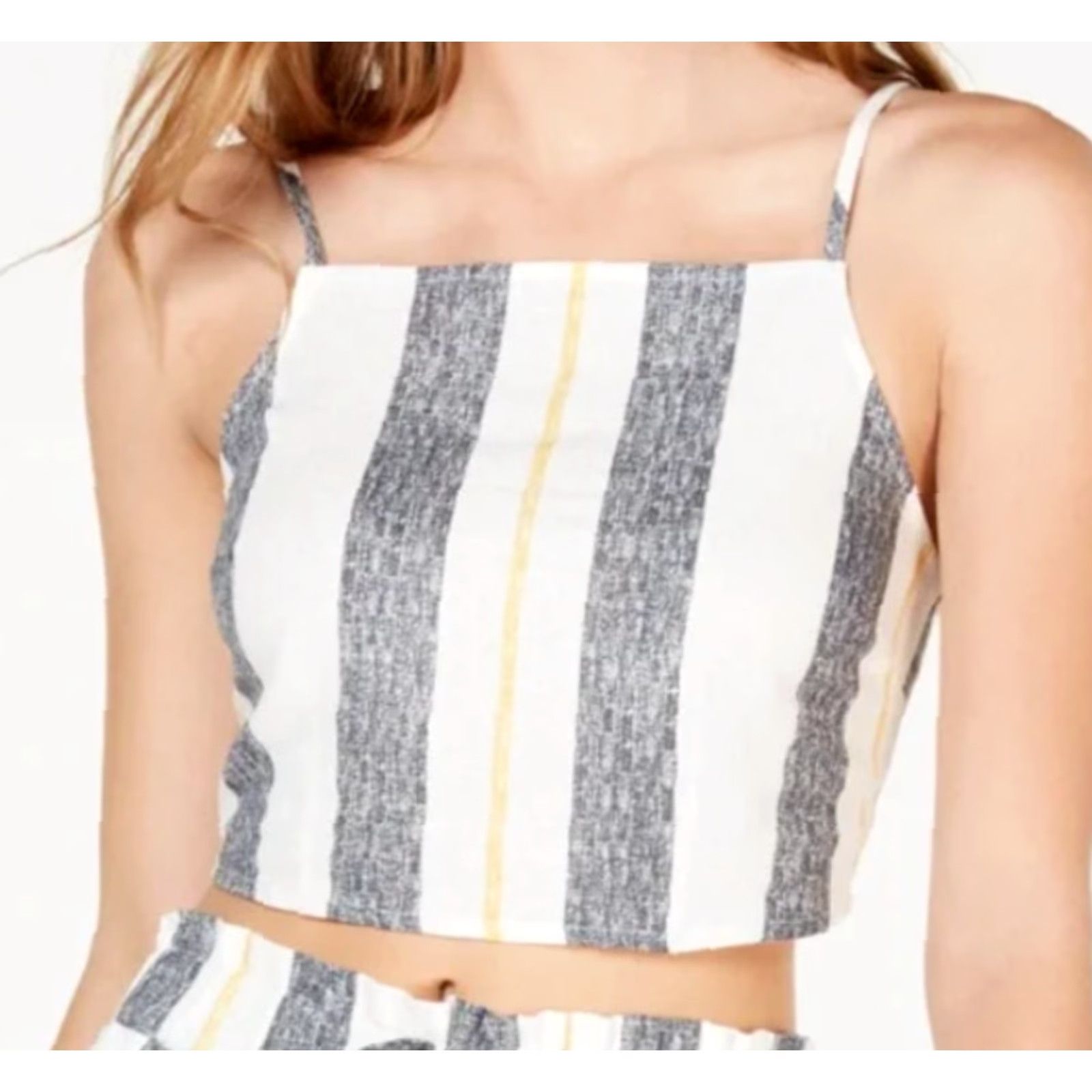 Vintage Gypsies & Moondust Tank - Cropped Striped Linen Blend - Size L - White Black Yellow - Spaghetti Straps - Square Neck - Casual - Womens Size L / US 10 / IT 46 - 2 Thumbnail