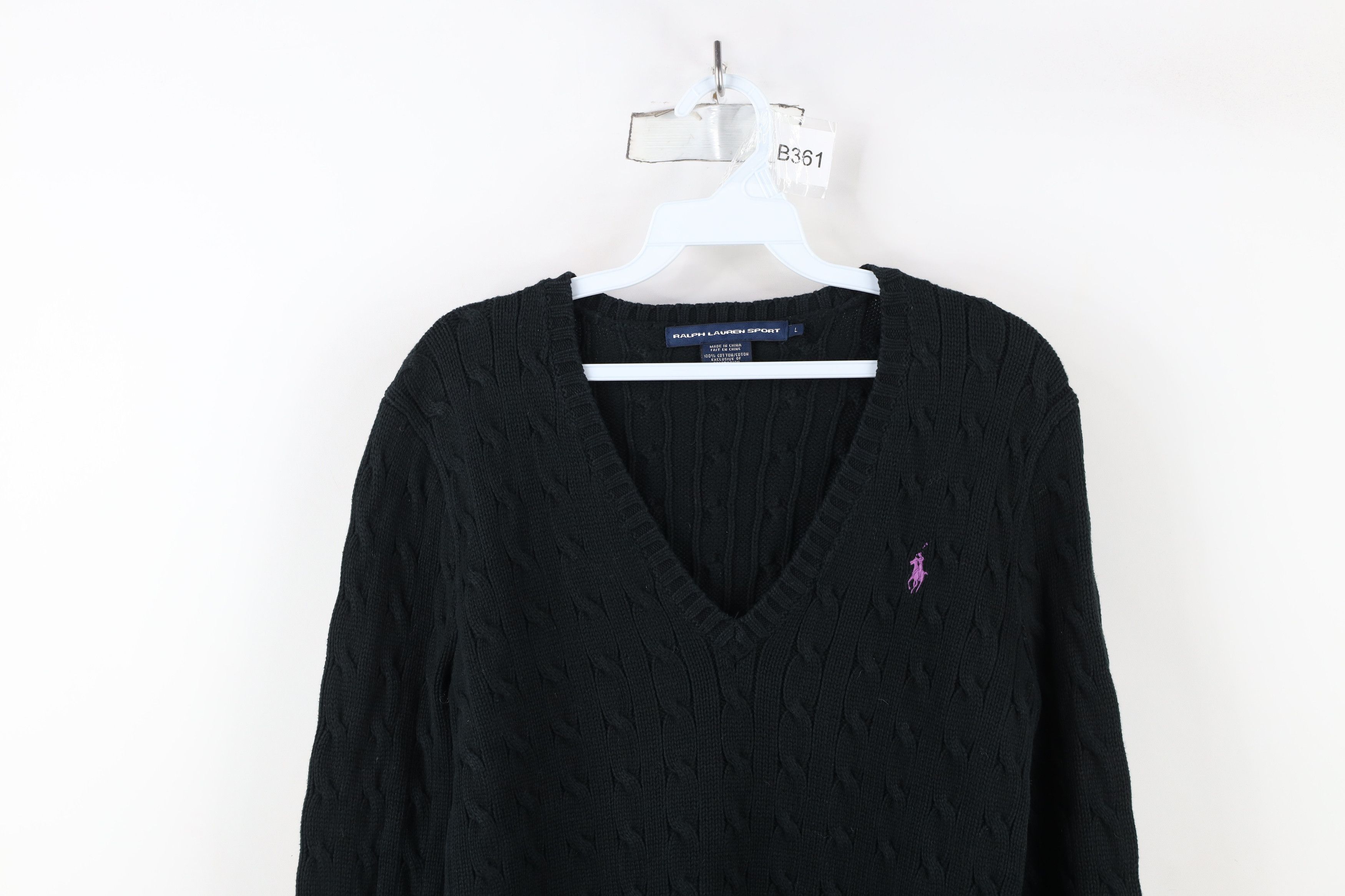 Ralph Lauren × Vintage Vintage 90s Ralph Lauren Cable Knit V-Neck Sweater Black Size L / US 10 / IT 46 - 2 Thumbnail