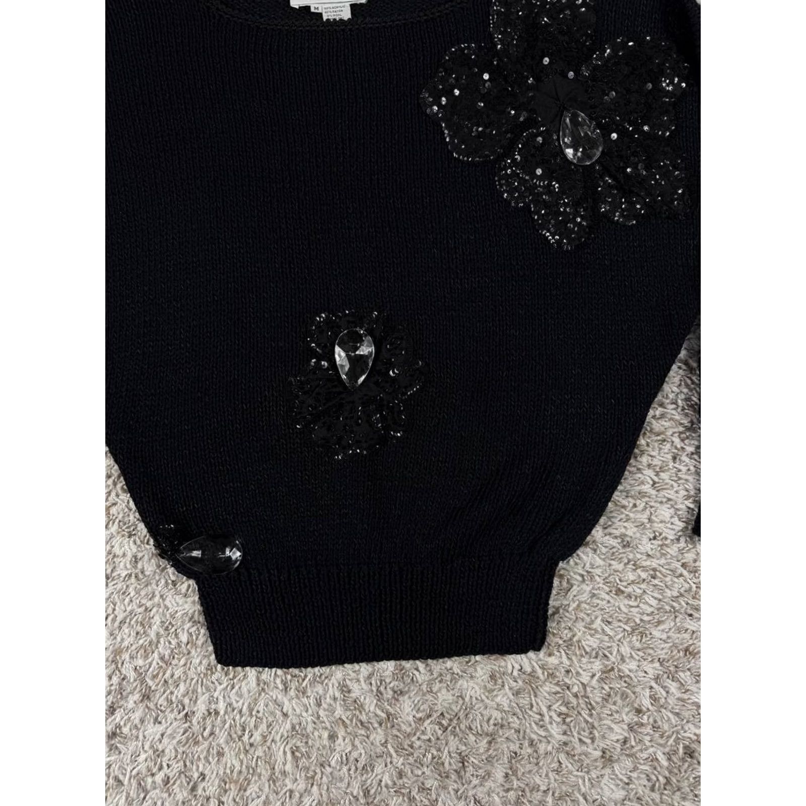 Vintage VINTAGE Rizik Bros Washington Sweater Black Size M Hand Knit Beaded Floral Womens Size M / US 6-8 / IT 42-44 - 3 Thumbnail