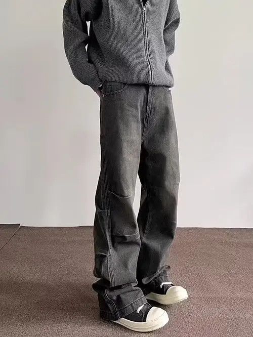 Retro pleated silhouette straight-leg bootcut jeans